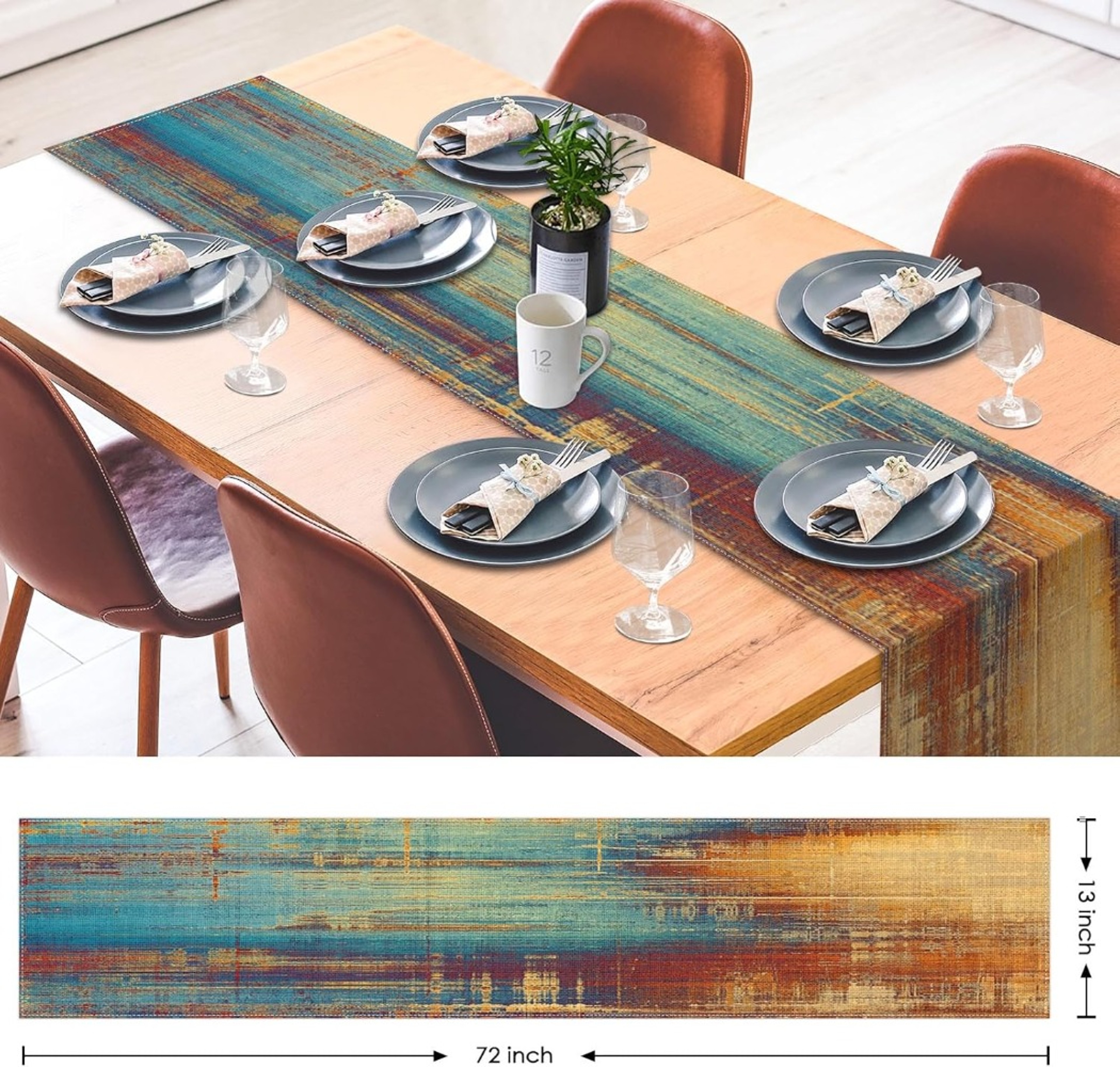 Vintage Abstract Blue & Orange Linen Table Runner for Kitchen & Dining Decor – view 2