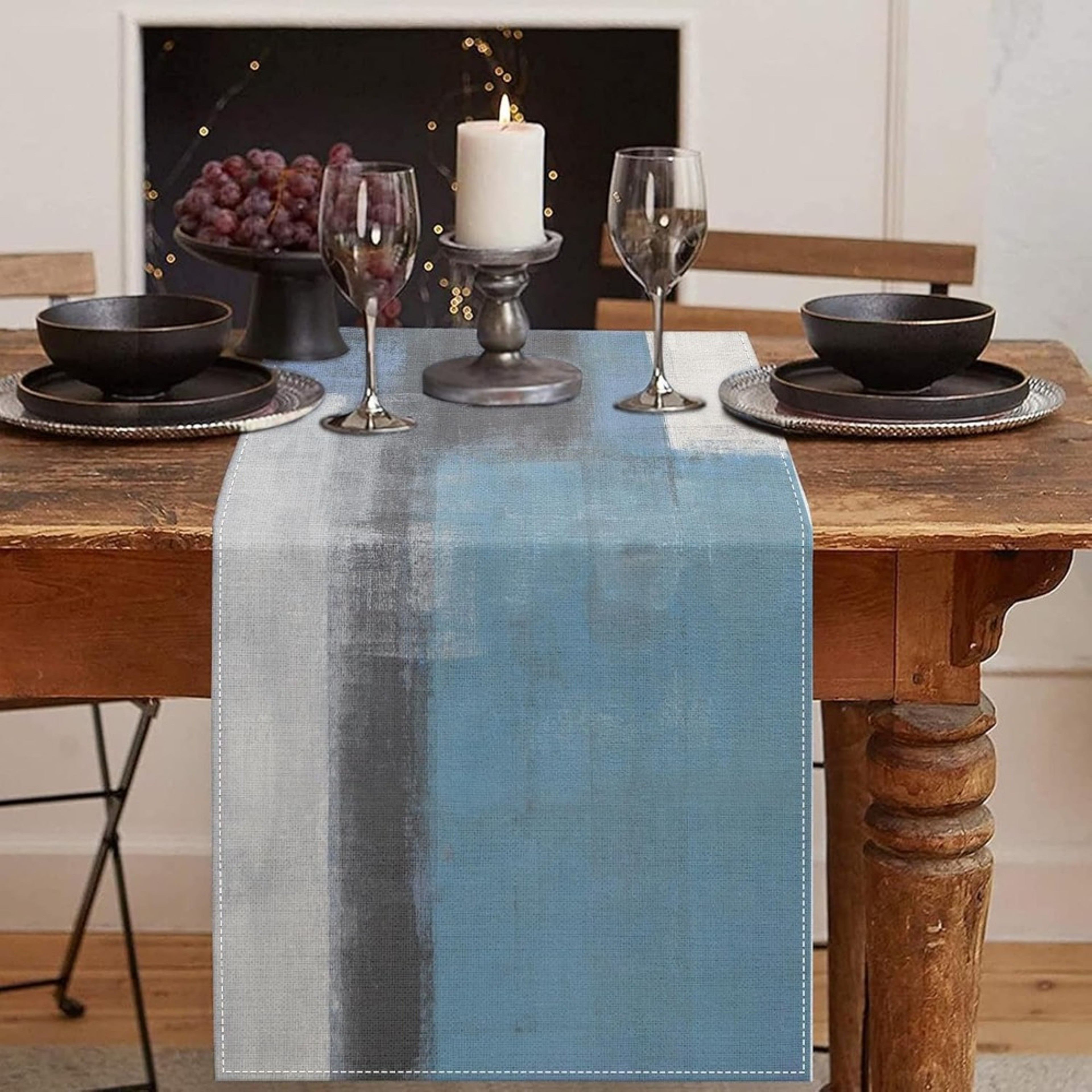 Vintage Abstract Blue & Orange Linen Table Runner for Kitchen & Dining Decor – view 5