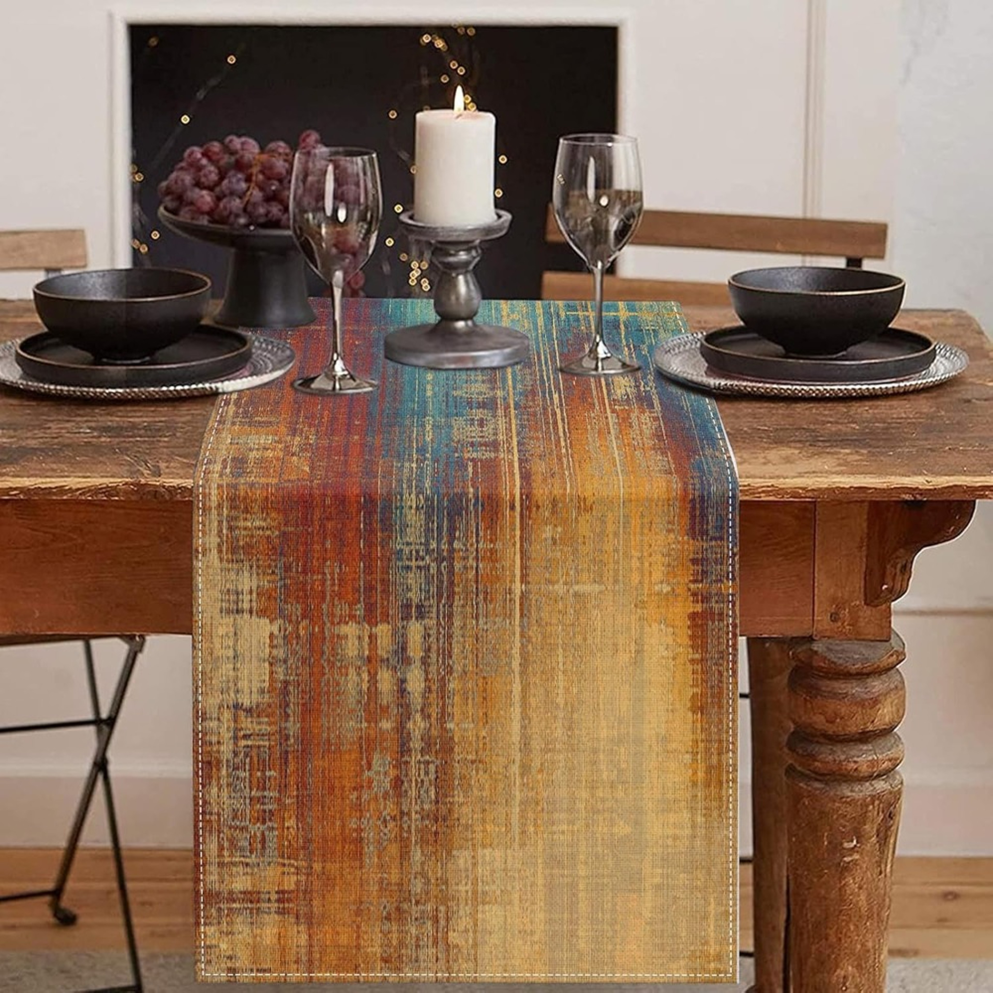 Vintage Abstract Blue & Orange Linen Table Runner for Kitchen & Dining Decor – view 11