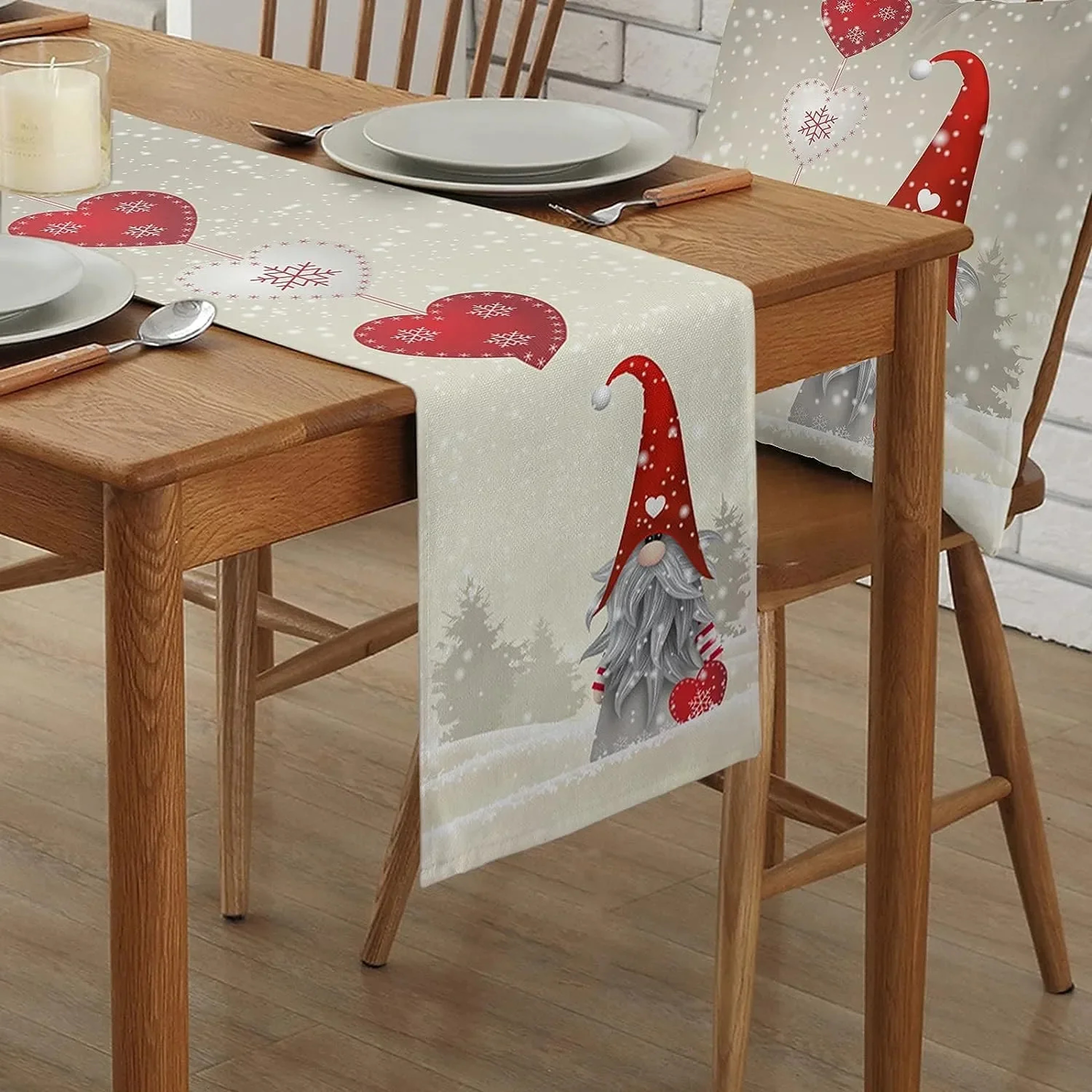 Christmas Linen Table Runner with Gnome & Snowflake Design Holiday Dining Decor – view 2