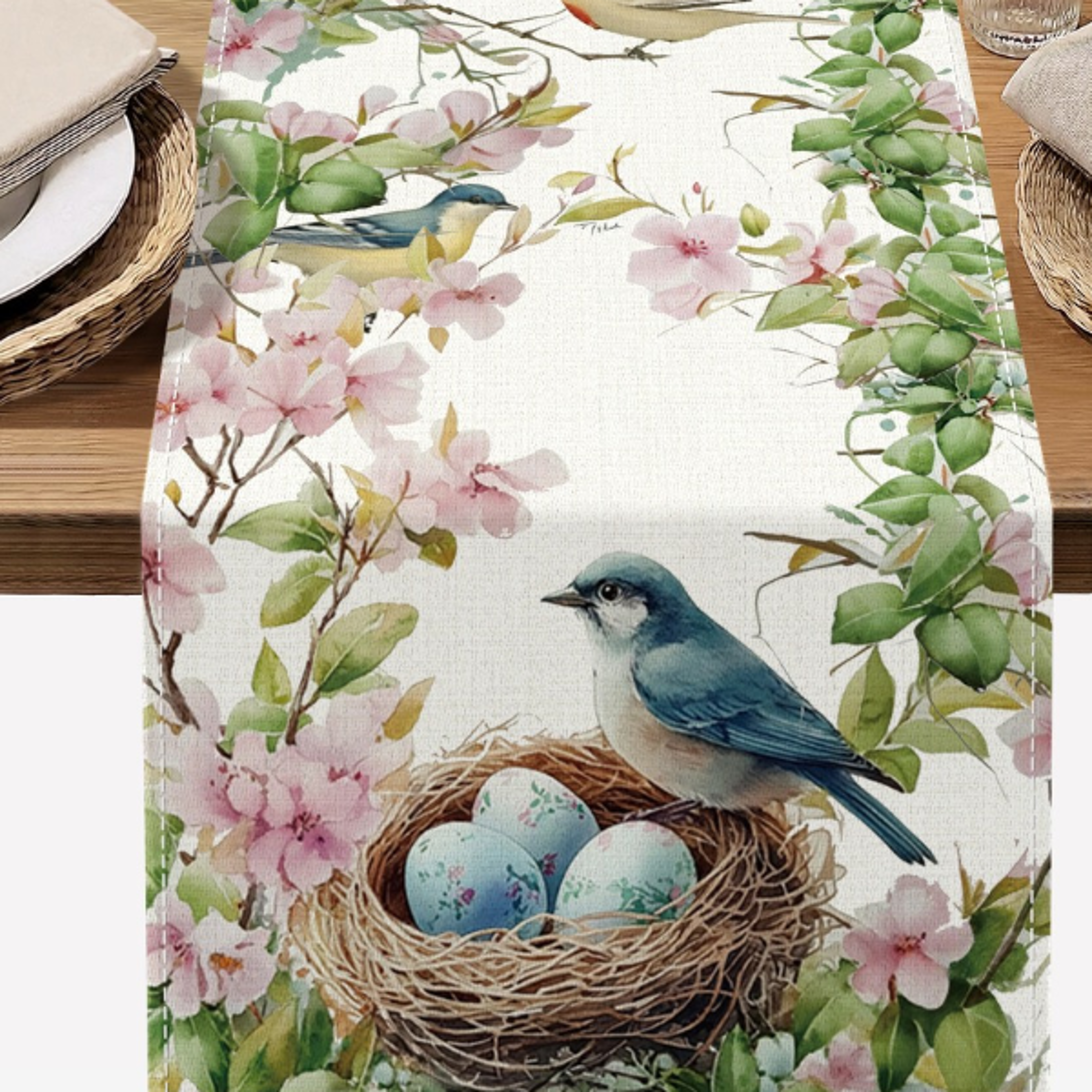 Spring Flowers Birds Peach Blossom Linen Table Runner Dresser Scarf Seasonal Kitchen Dining Table Ru
