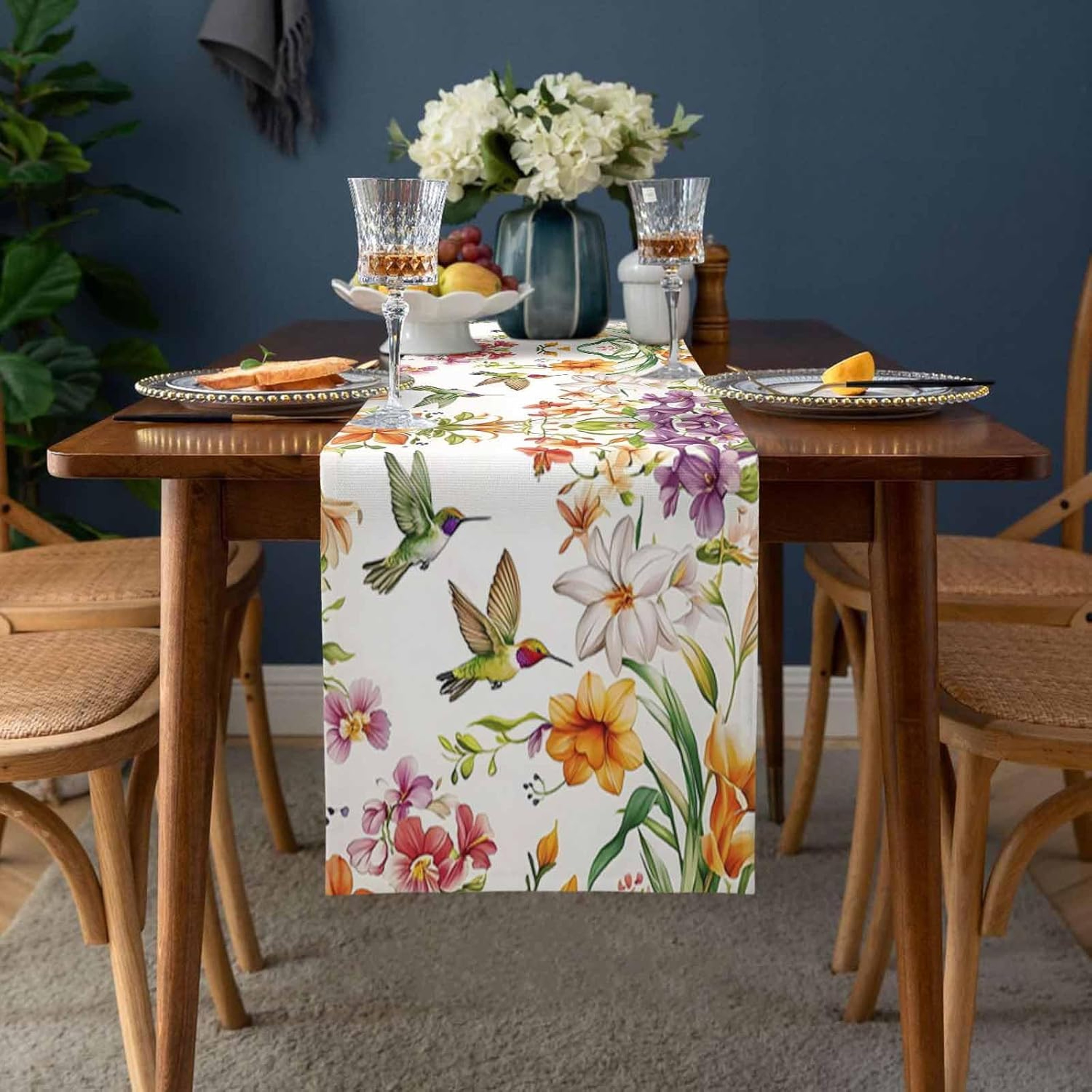 Elegant Linen Table Runner with Green Hummingbirds & Watercolor Floral Print Stylish Wedding Table Runner – view 2