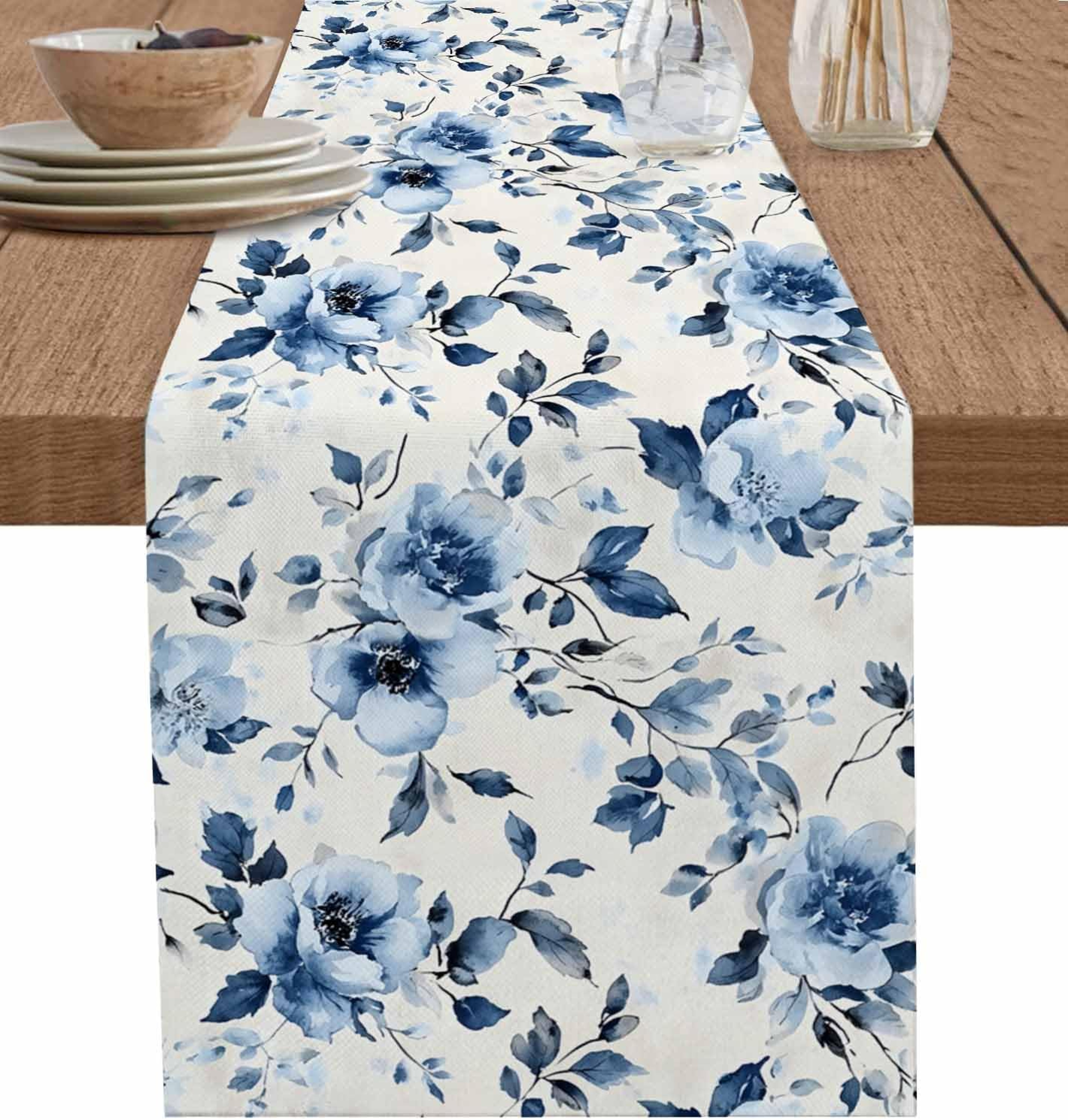 Elegant Linen Table Runner with Green Hummingbirds & Watercolor Floral Print Stylish Wedding Table Runner – view 7