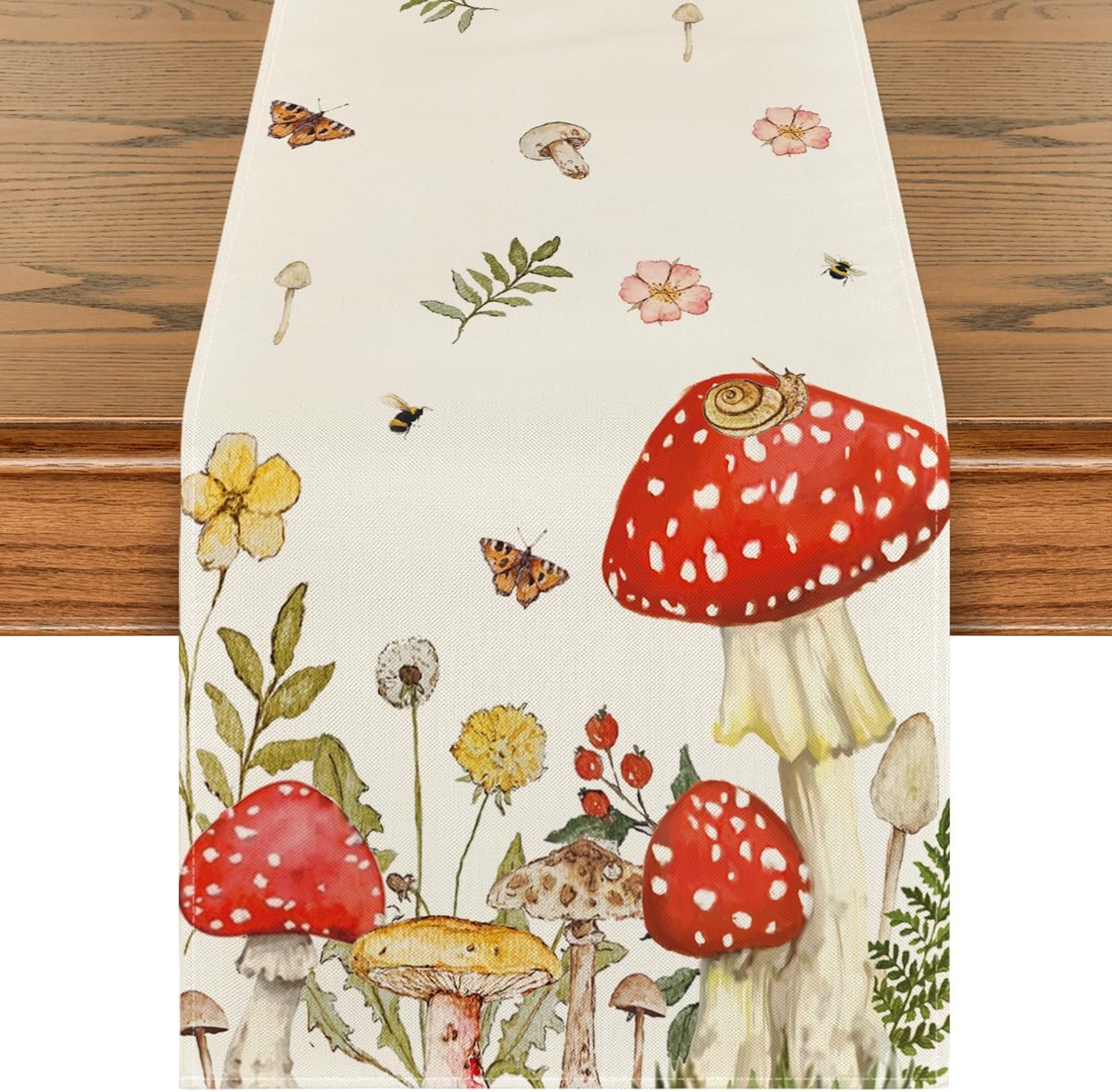 Spring Mushroom & Butterfly Linen Table Runner Farmhouse Wedding & Kitchen Decor – view 1