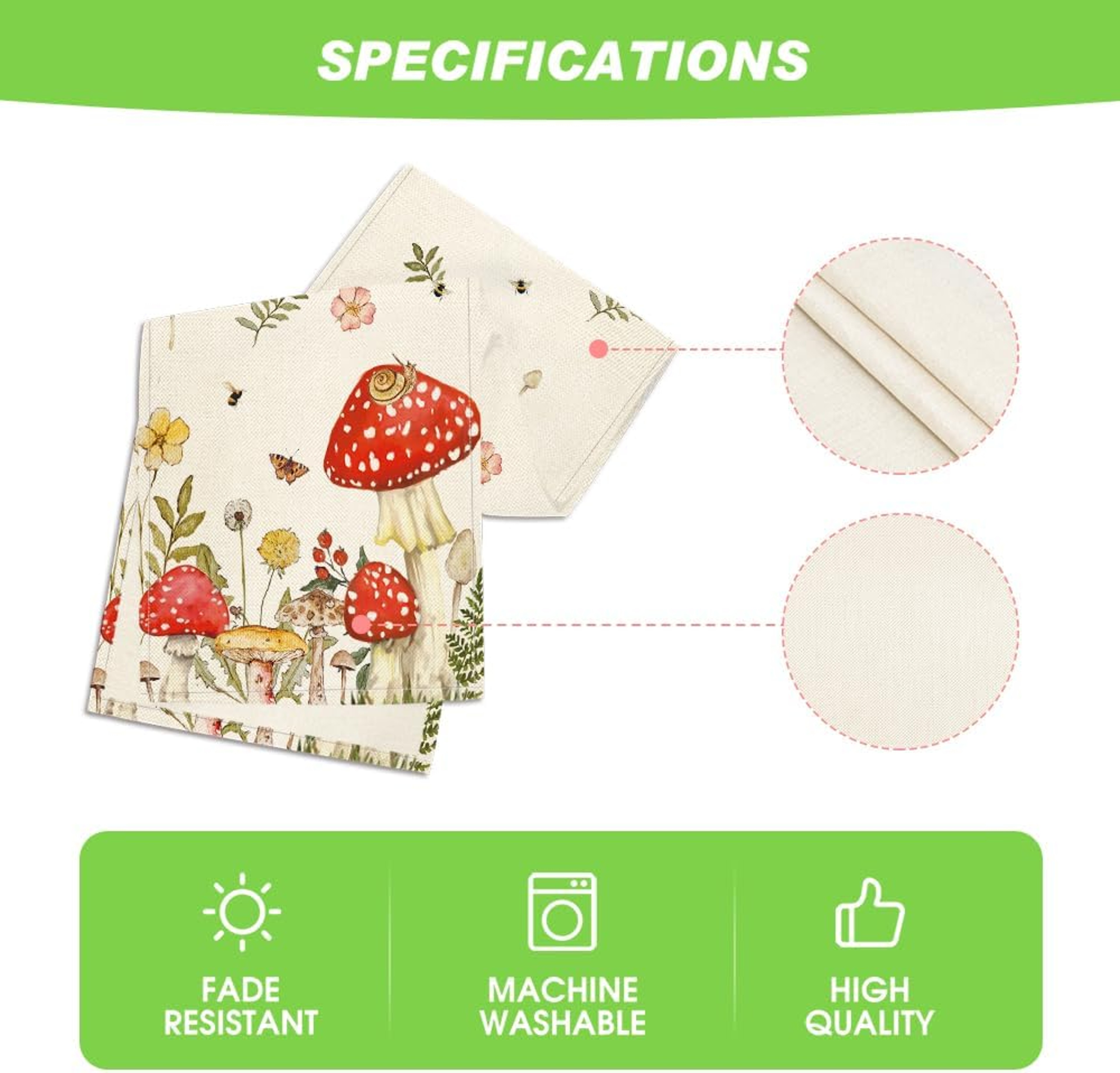 Spring Mushroom & Butterfly Linen Table Runner Farmhouse Wedding & Kitchen Decor – view 5