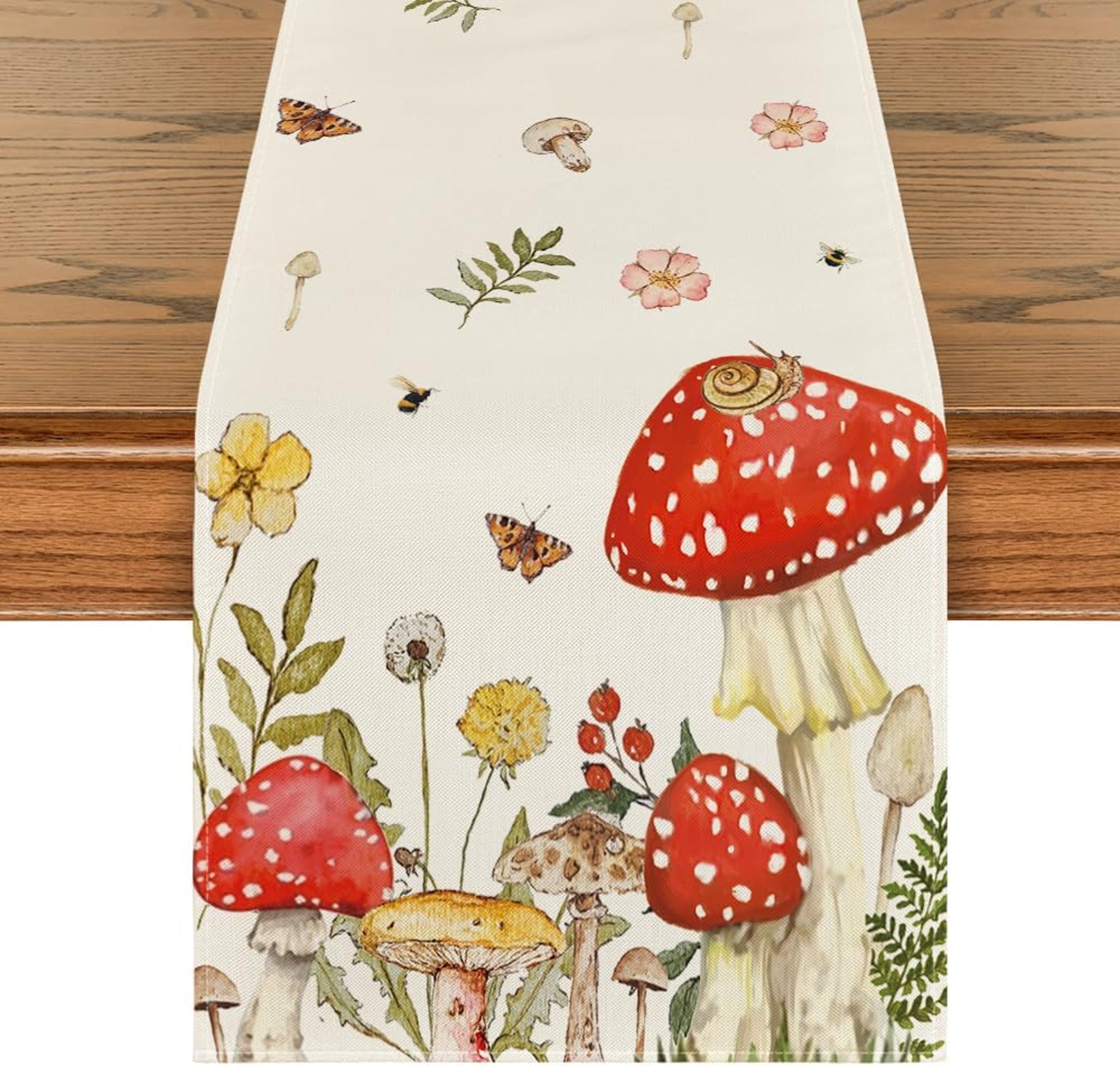 Spring Mushroom & Butterfly Linen Table Runner Farmhouse Wedding & Kitchen Decor – view 6