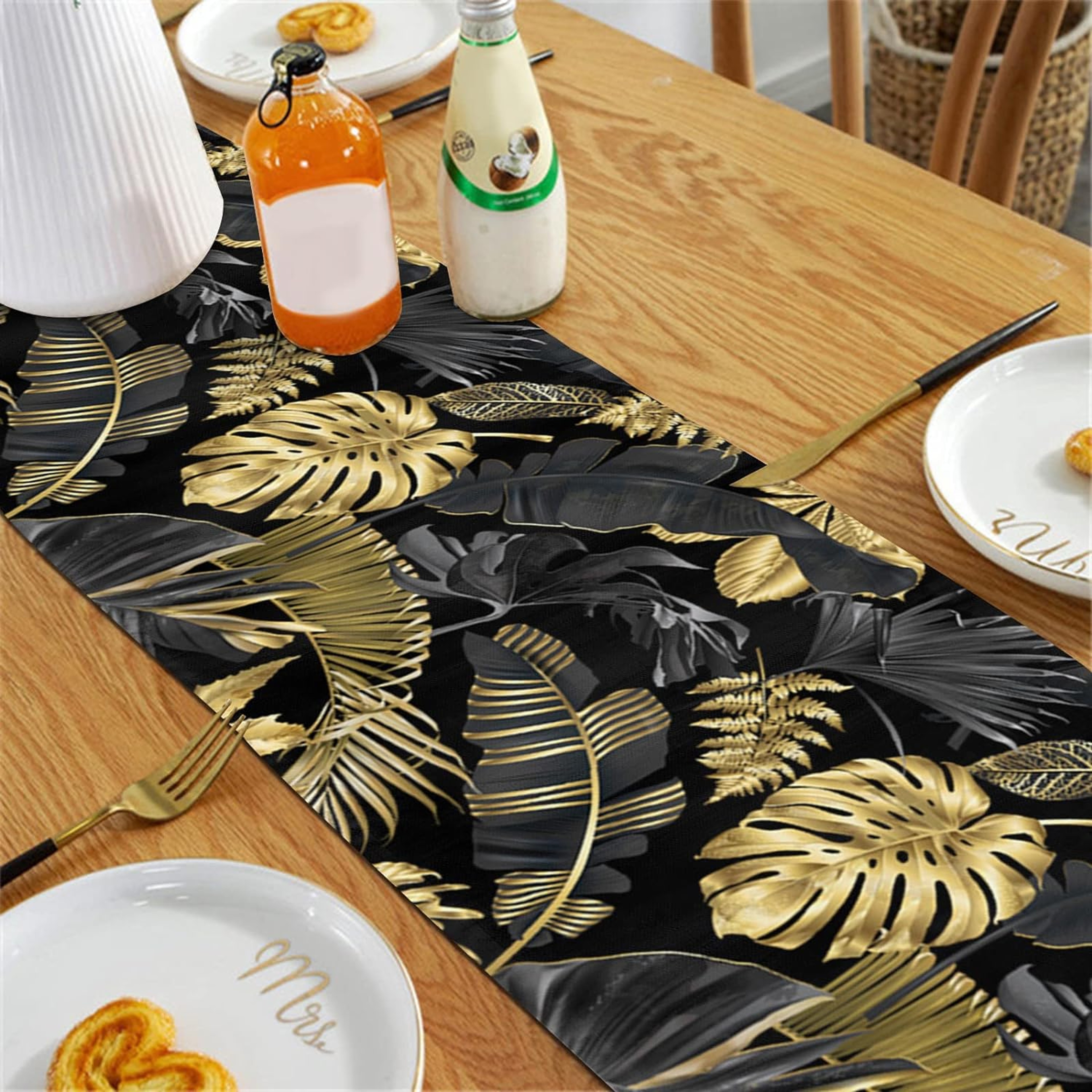 Luxury Tropical Linen Table Runner with Black and Gold Leaves Elegant Dining Decor – view 5