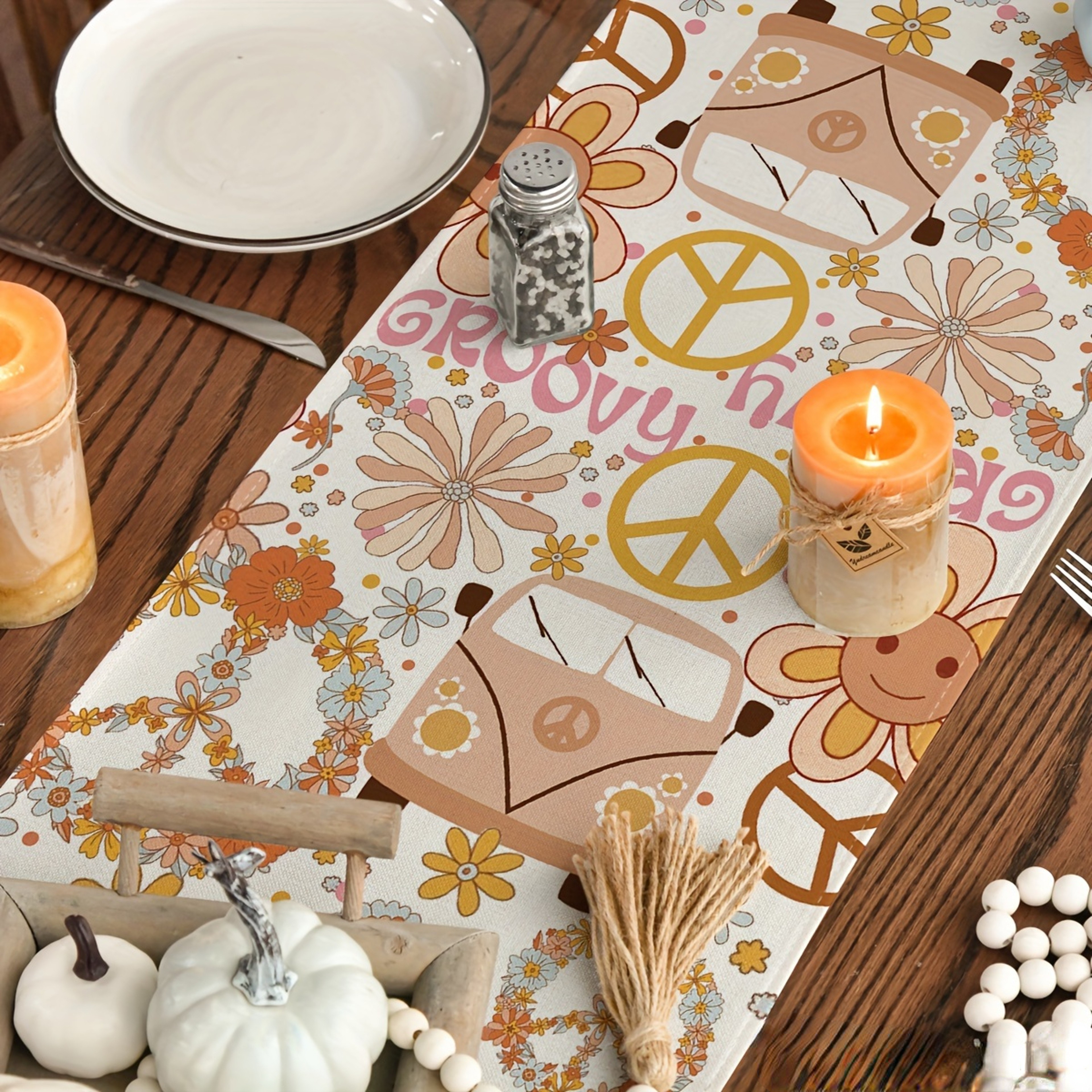 Hippie Daisy Linen Table Runner Peace & Love Home Decor – view 4