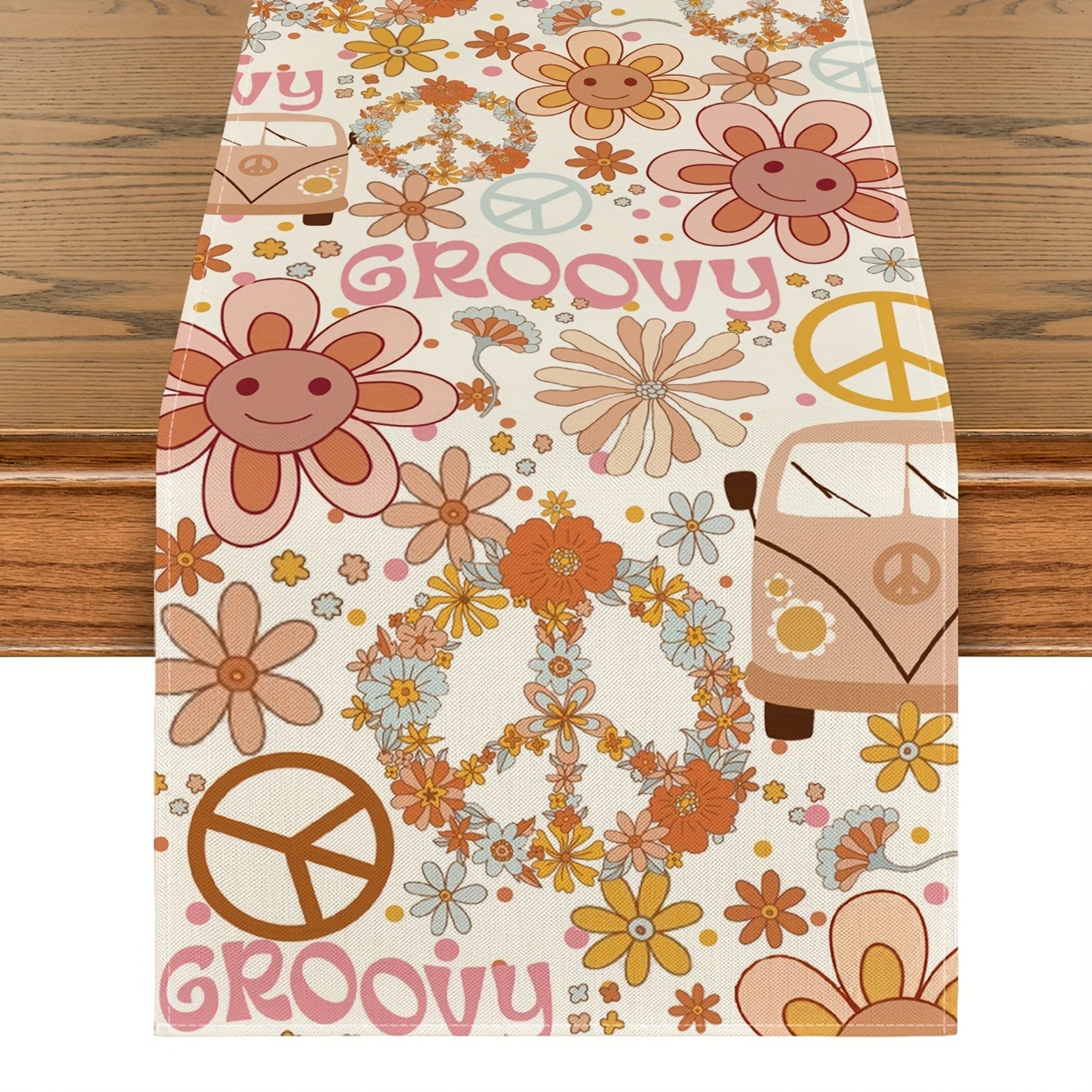 Hippie Daisy Linen Table Runner Peace & Love Home Decor – view 7
