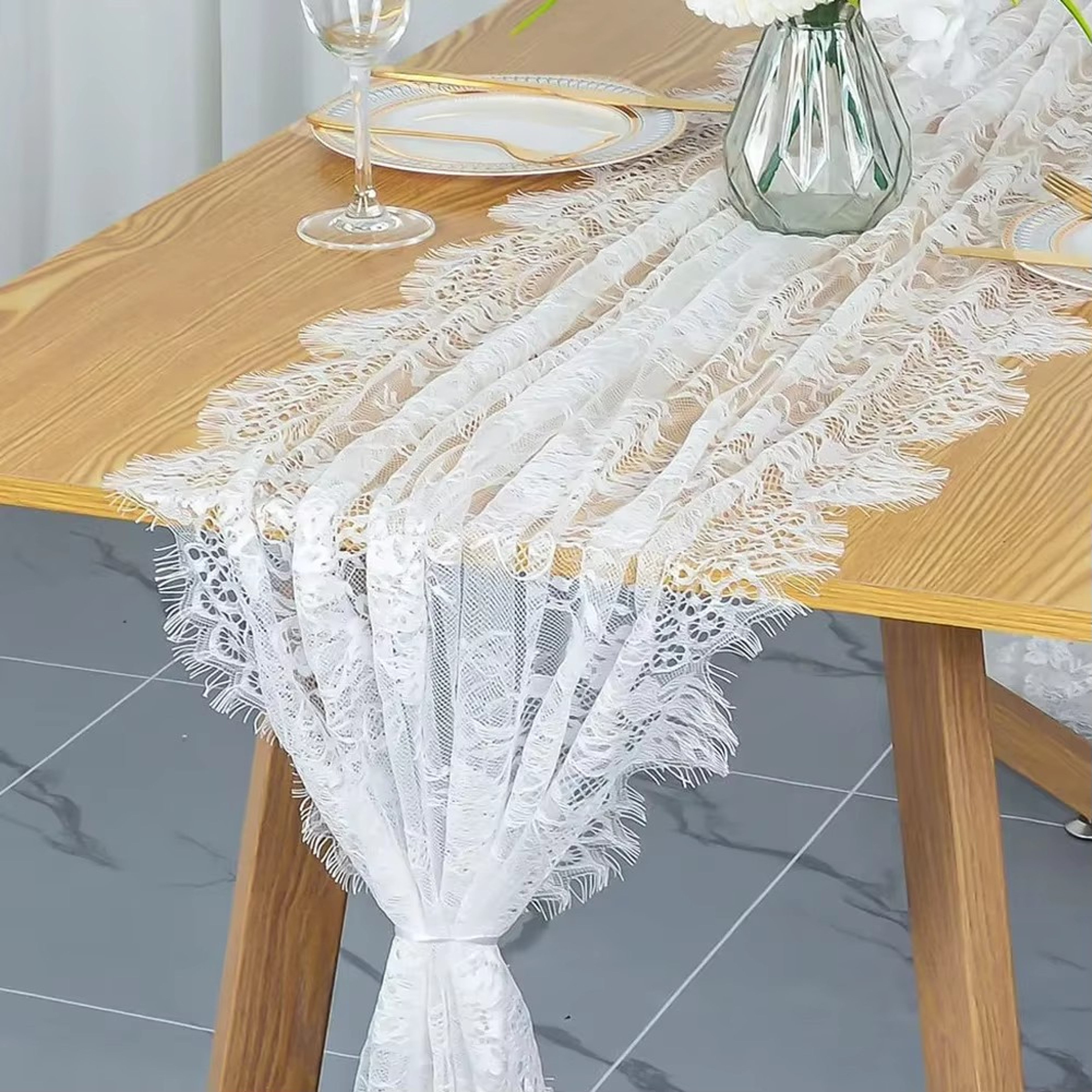 Rustic Lace Table Runner with Rose Embroidery for Wedding & Party Decor – view 3