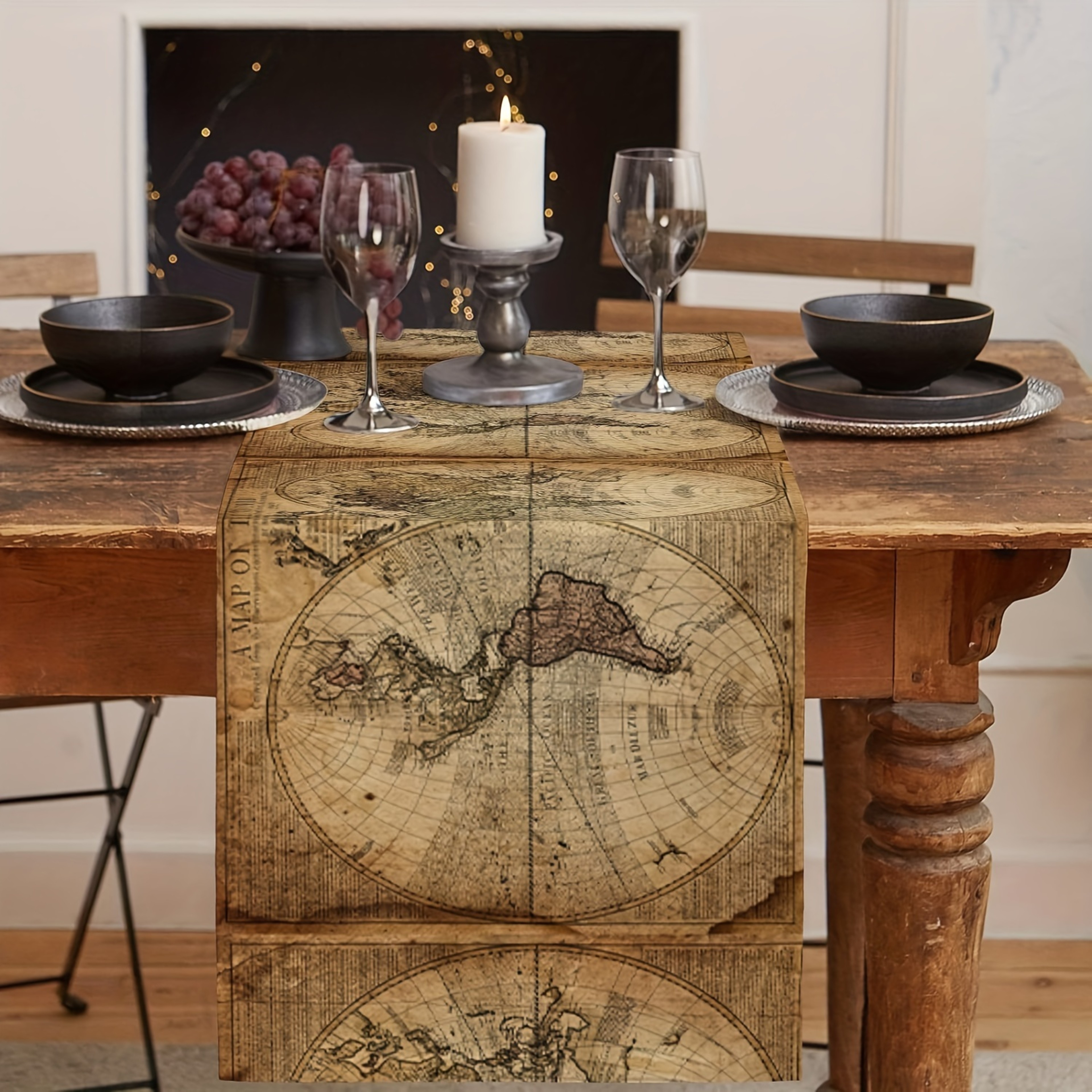 Retro Nautical World Map Linen Table Runner For Home  Parties 1