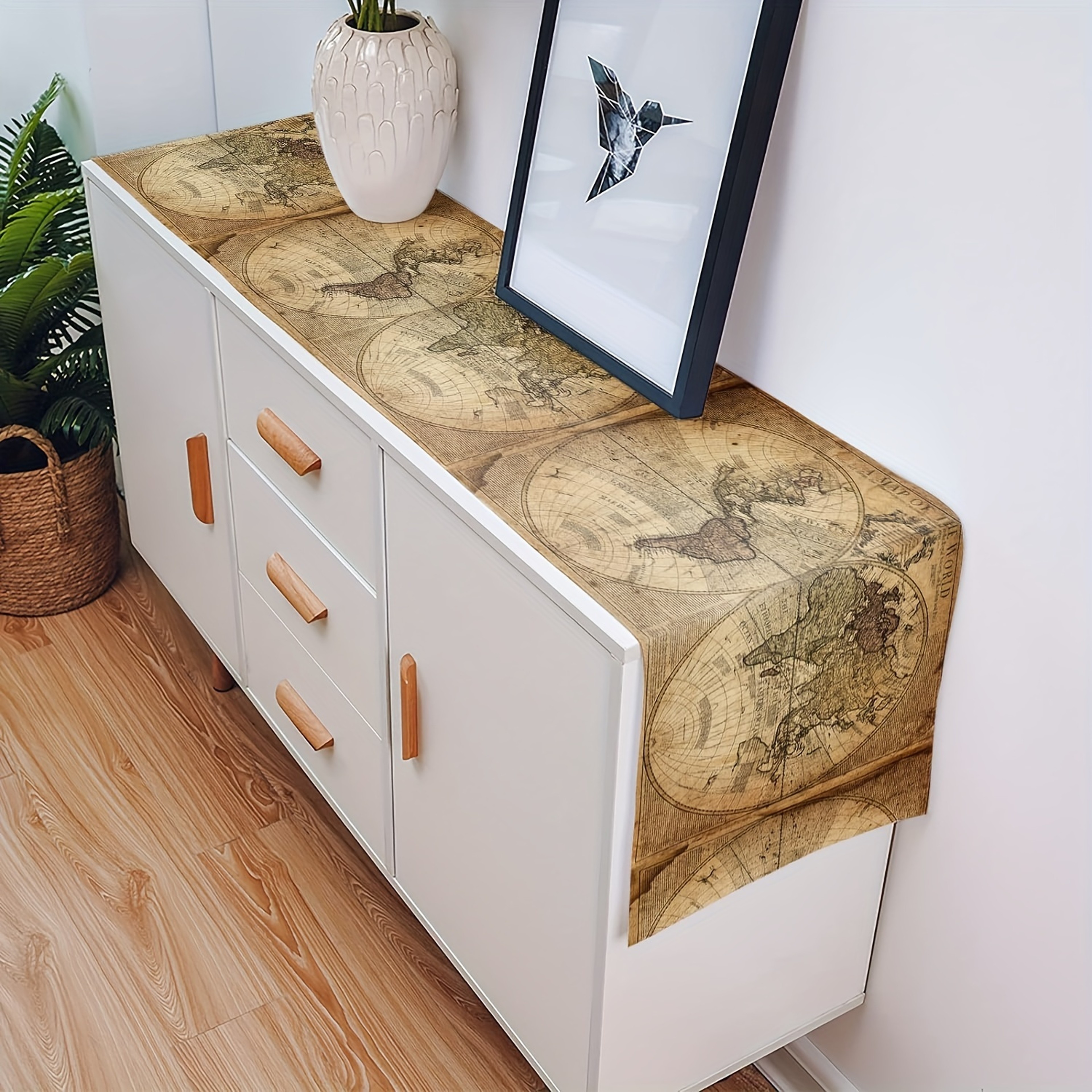 Retro Nautical World Map Linen Table Runner For Home  Parties 2