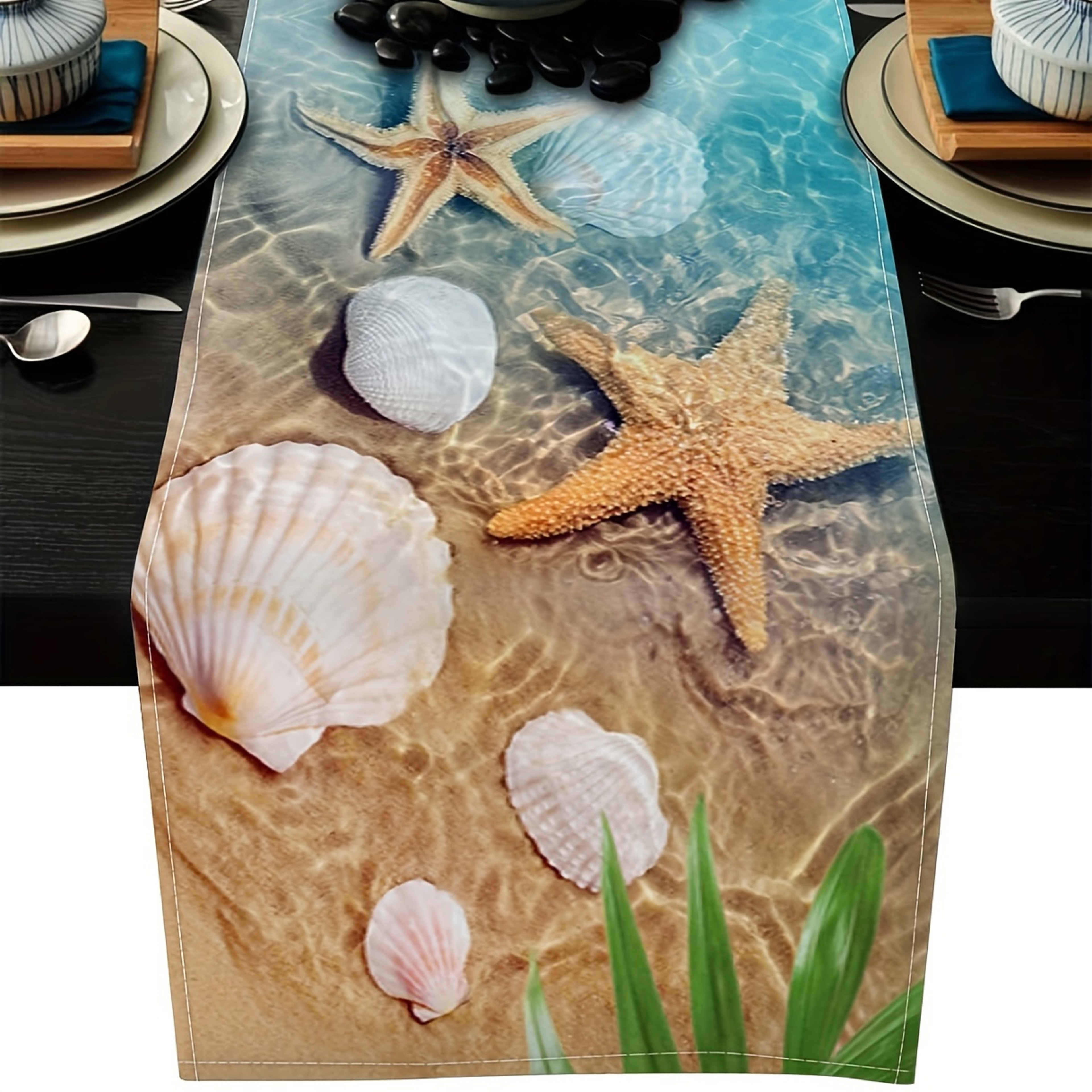 Starfish Shells Linen Table Runner For Wedding  Holiday Decor 0