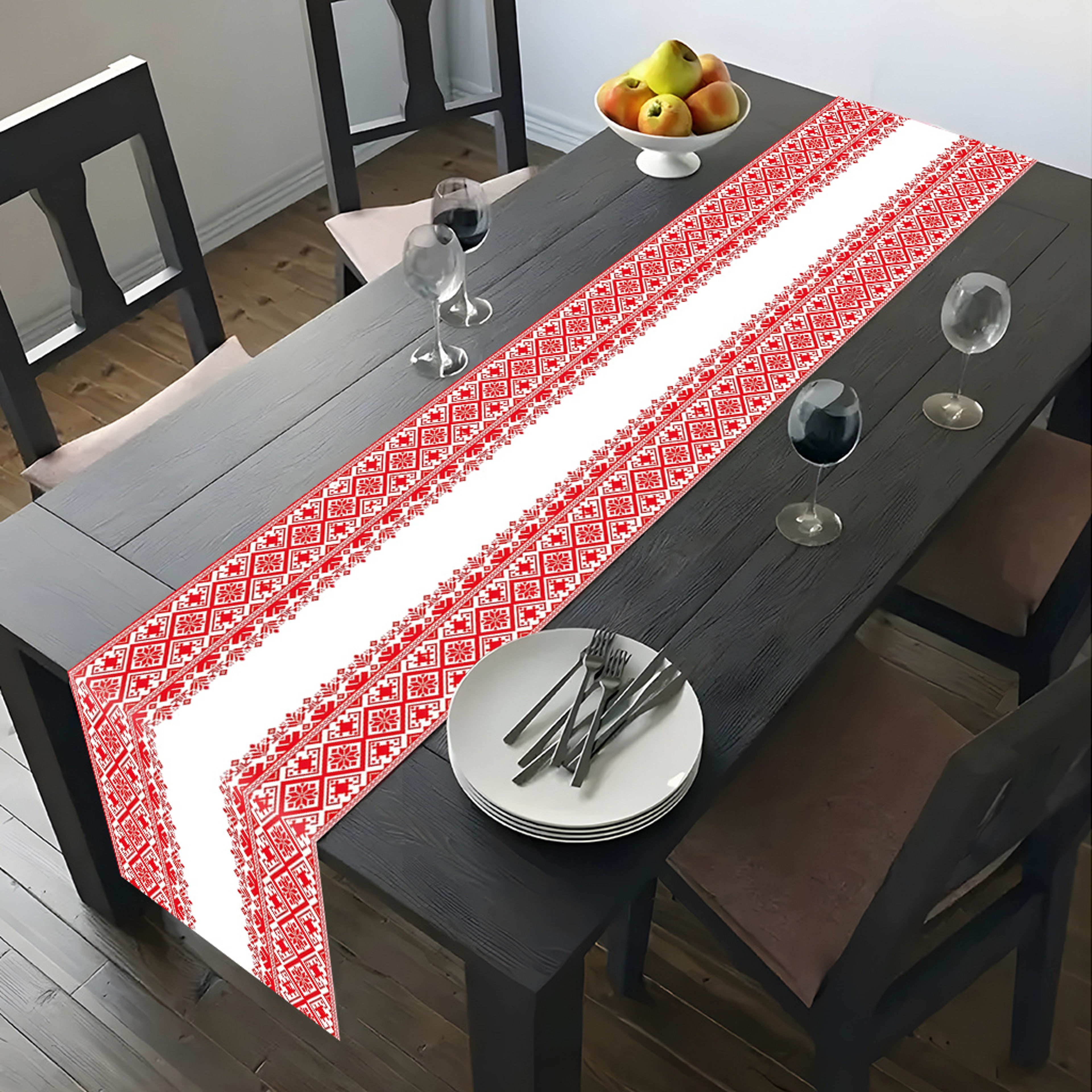 Nordic Inspired Table Runner Red & White Ethnic Pattern Decorative Cloth – view 2