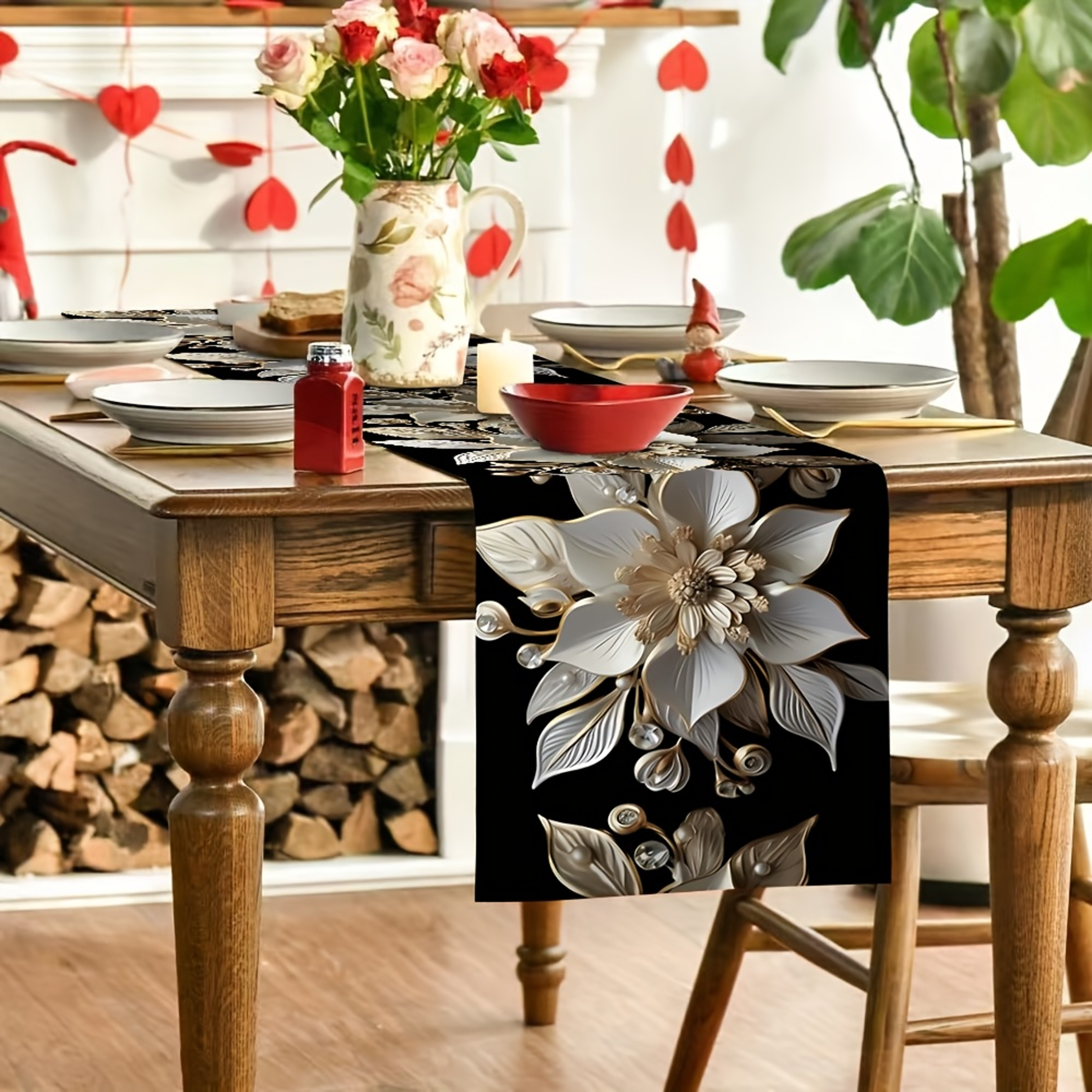 Elegant White  Gold Floral Table Runner Durable Polyester For Holiday  Party Decor 3