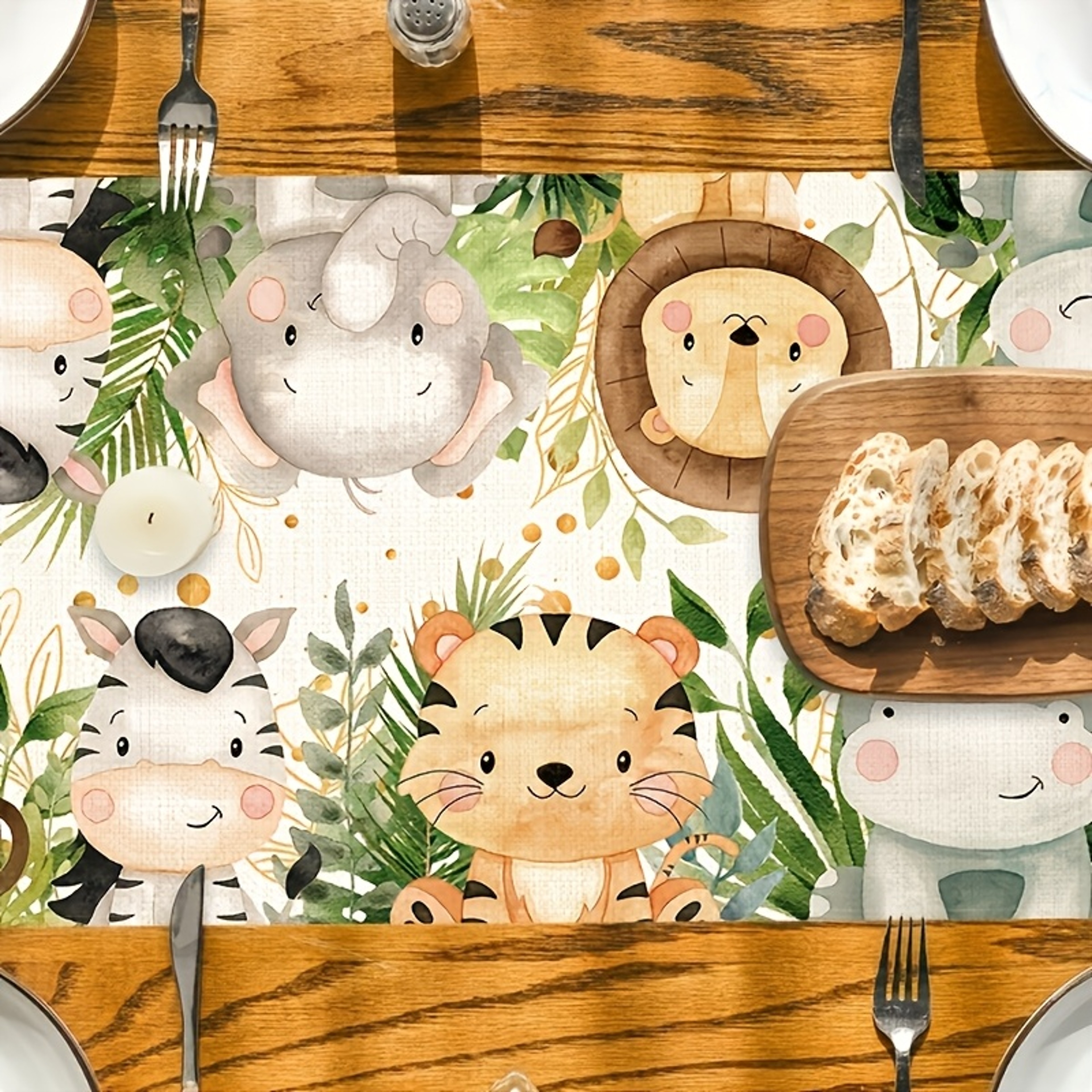 Cartoon Jungle Animal Table Runner Cute Watercolor Elephants  Giraffes For Kids Parties 3