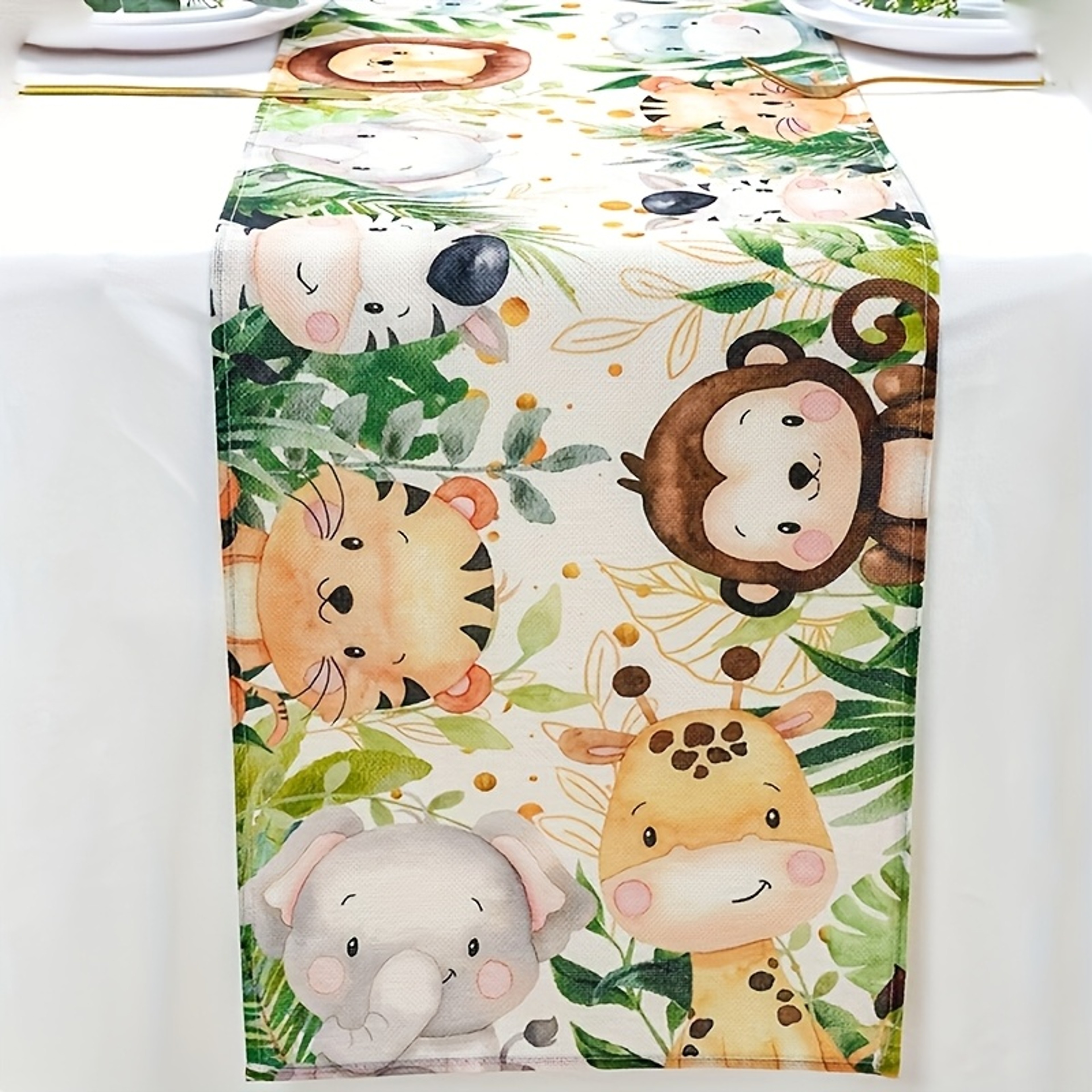 Cartoon Jungle Animal Table Runner Cute Watercolor Elephants  Giraffes For Kids Parties 5