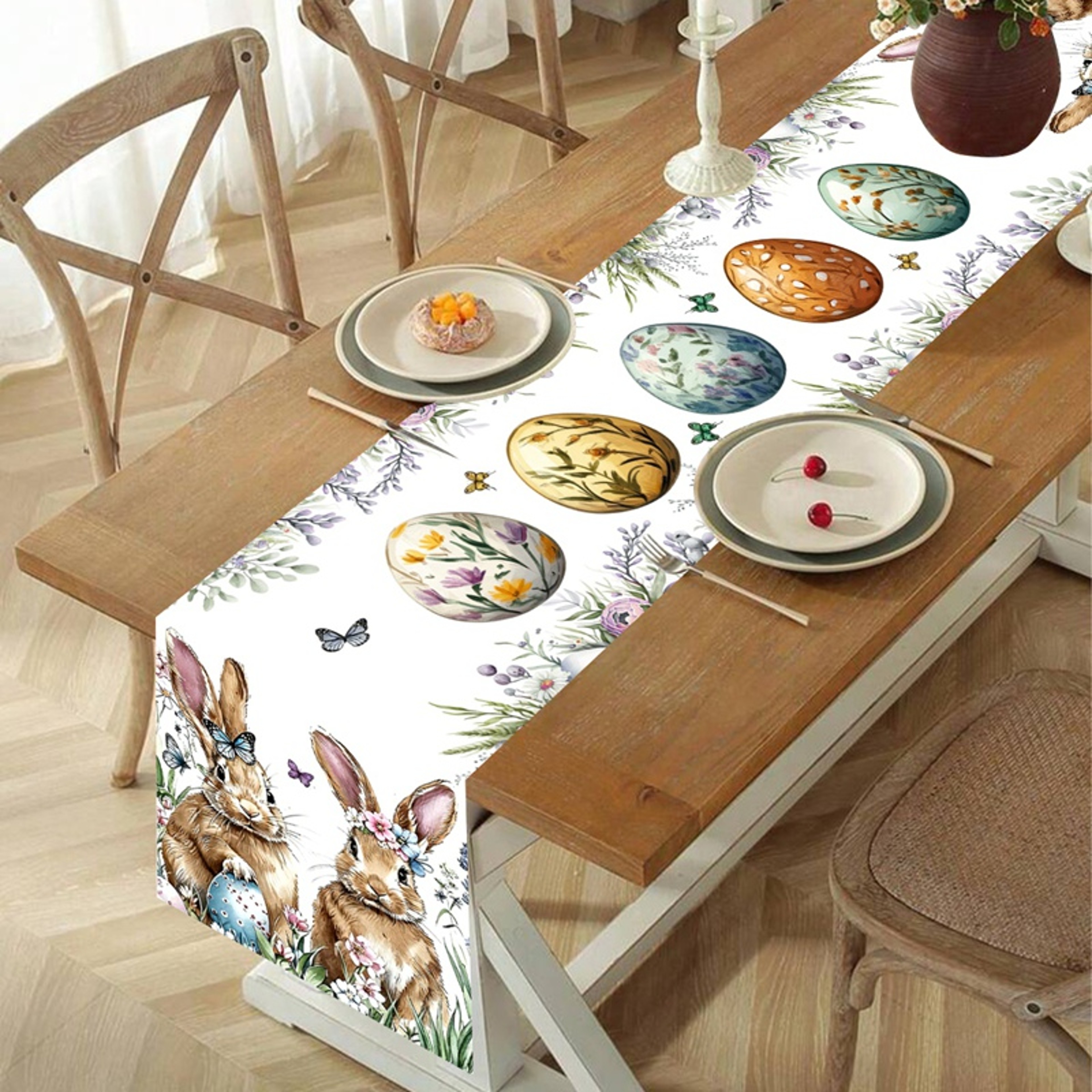 Premium Easter Bunny Table Runner With Floral  Egg Design Spring Holiday Decor 1