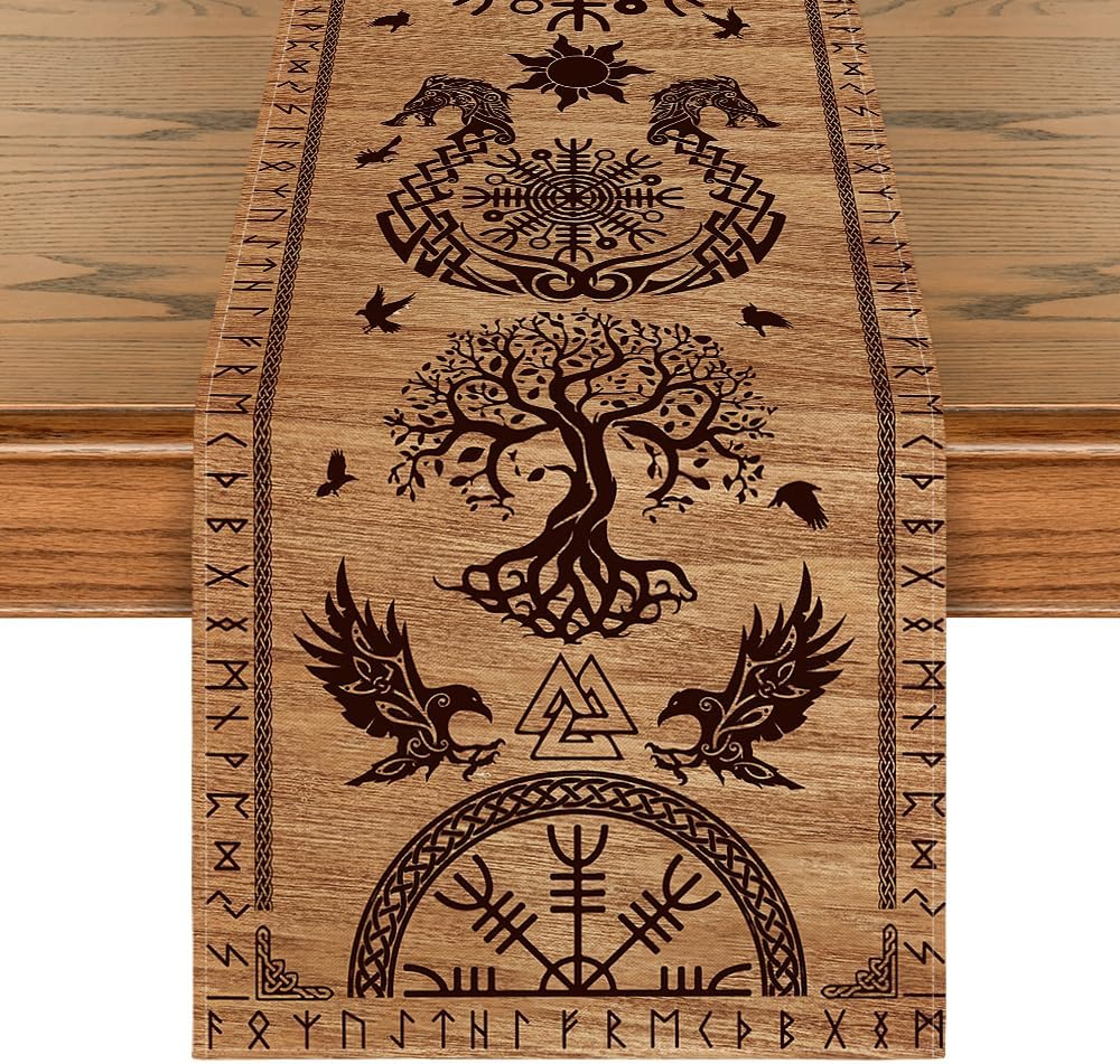 Vintage Viking Raven Linen Table Runner Nordic Kitchen Decor – view 1