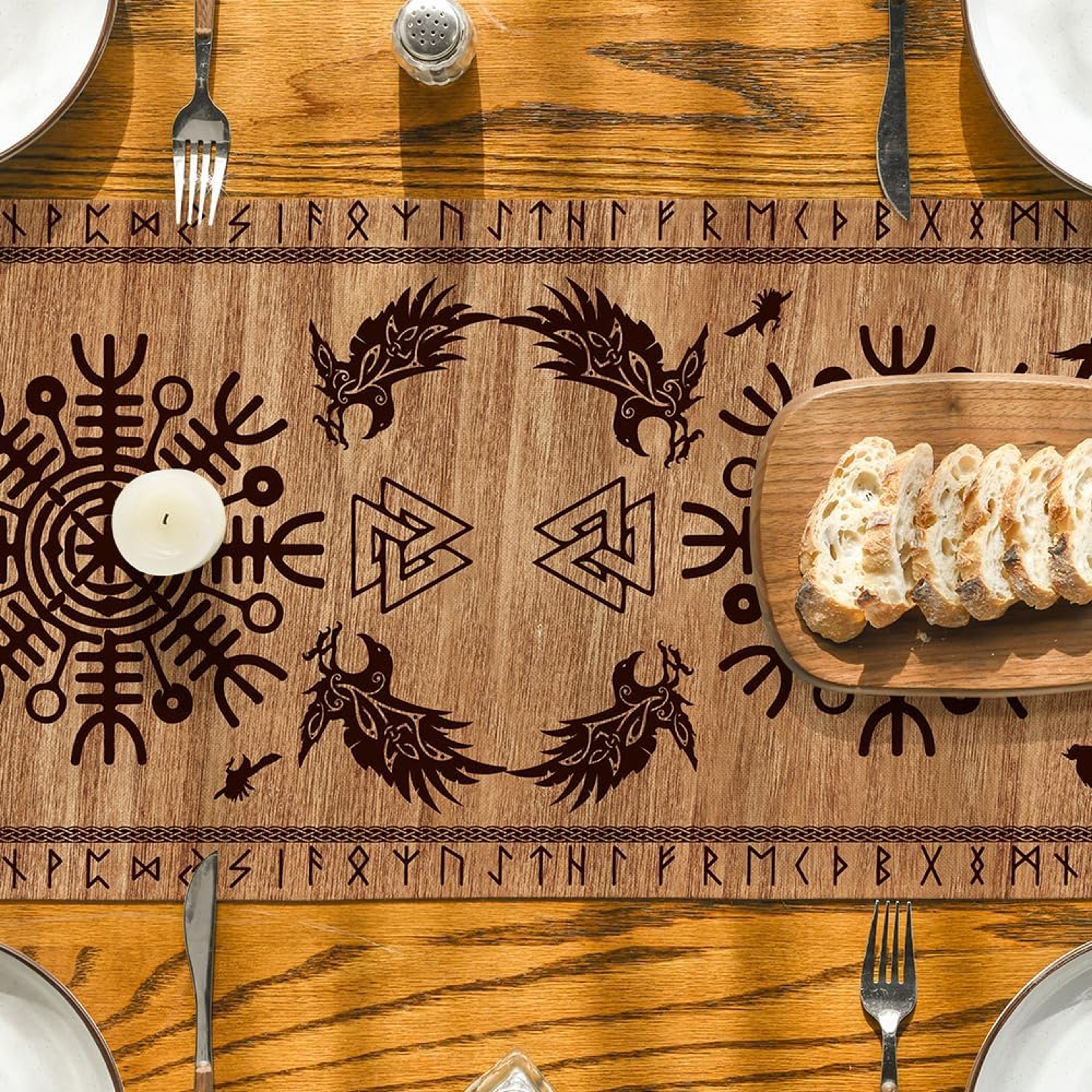 Vintage Viking Raven Linen Table Runner Nordic Kitchen Decor – view 3