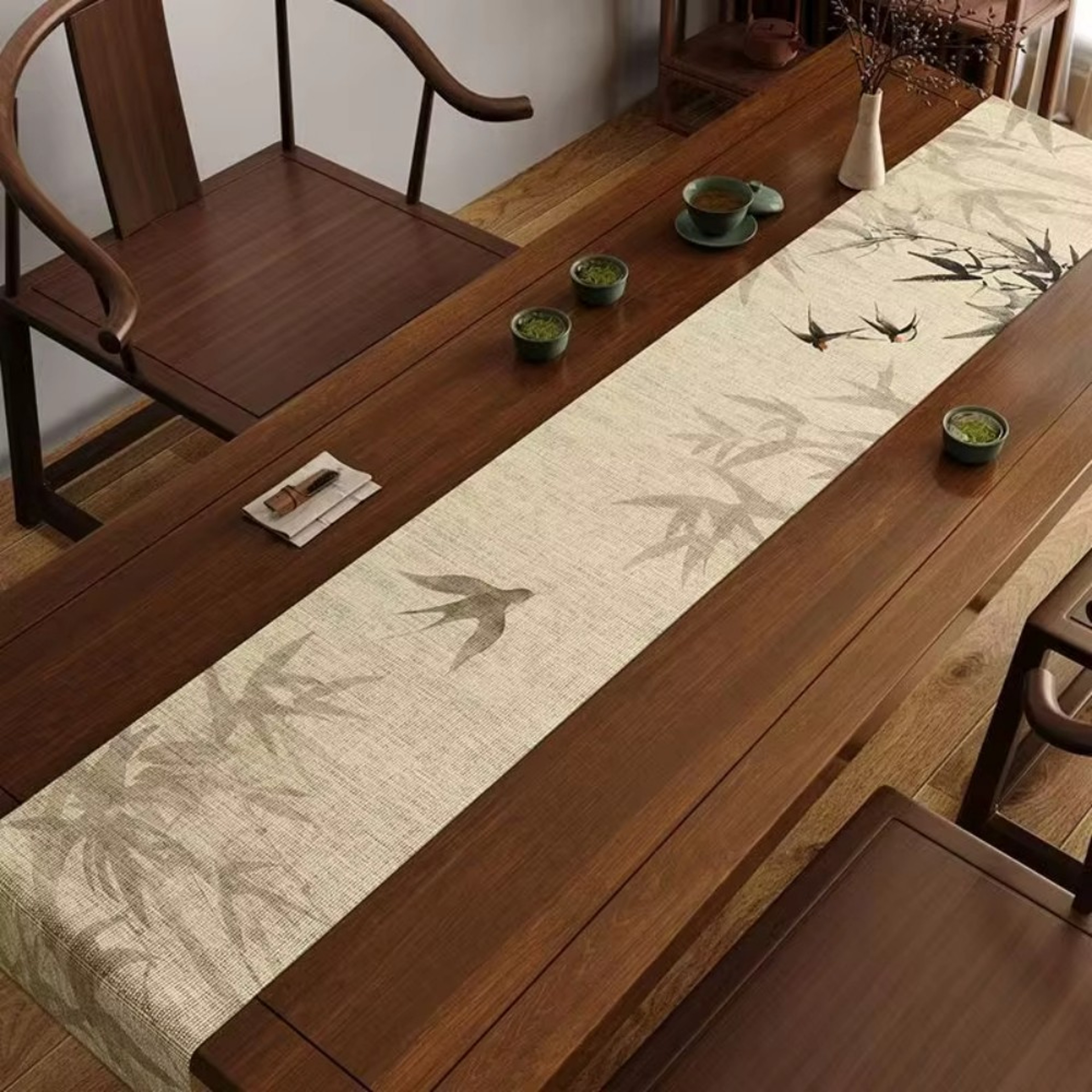 Elegant Chinese Bamboo Shadow  Flying Bird Table Runner For Home  Restaurant 2