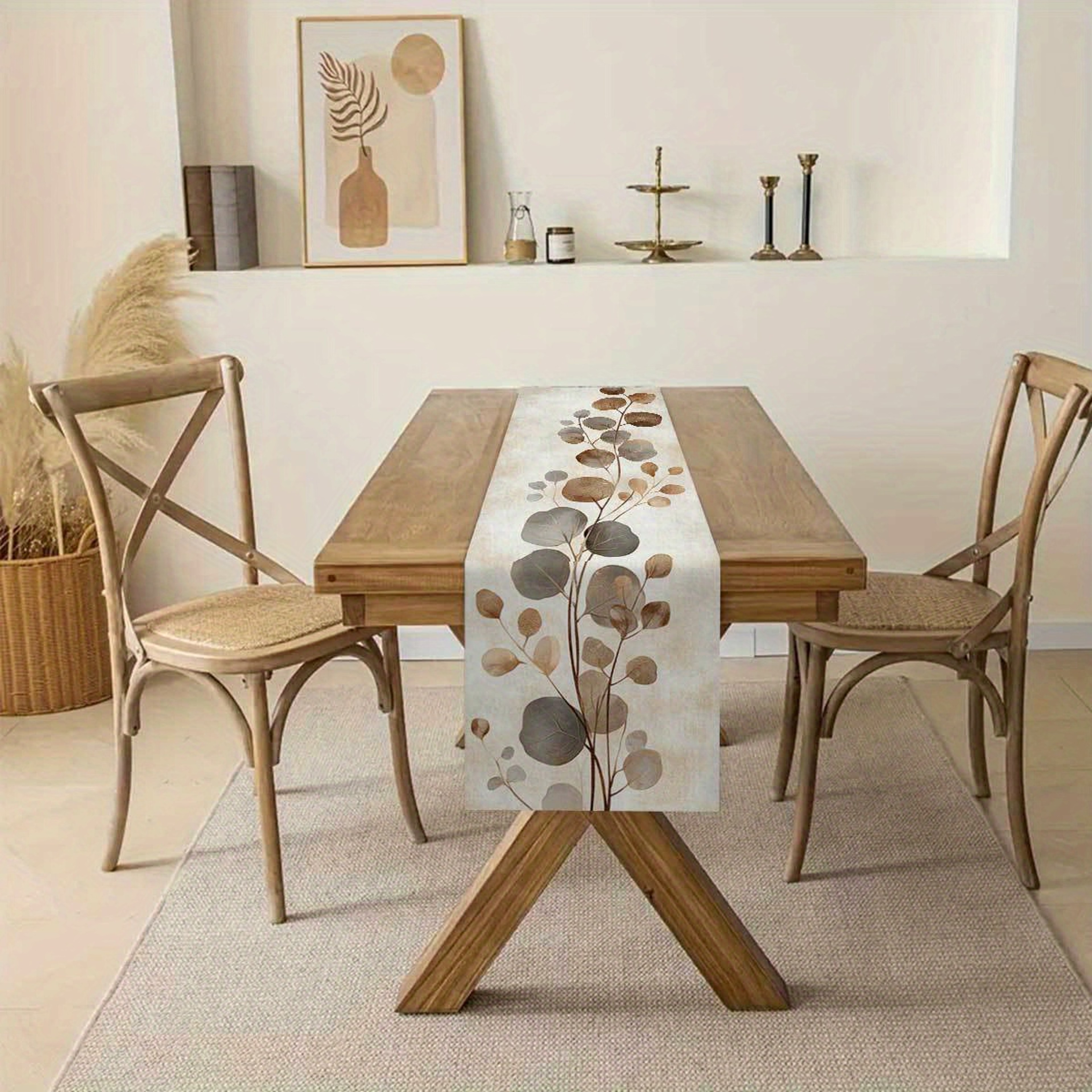 Bohemian Eucalyptus Leaf Linen Table Runner For Dining  Kitchen Decor 3