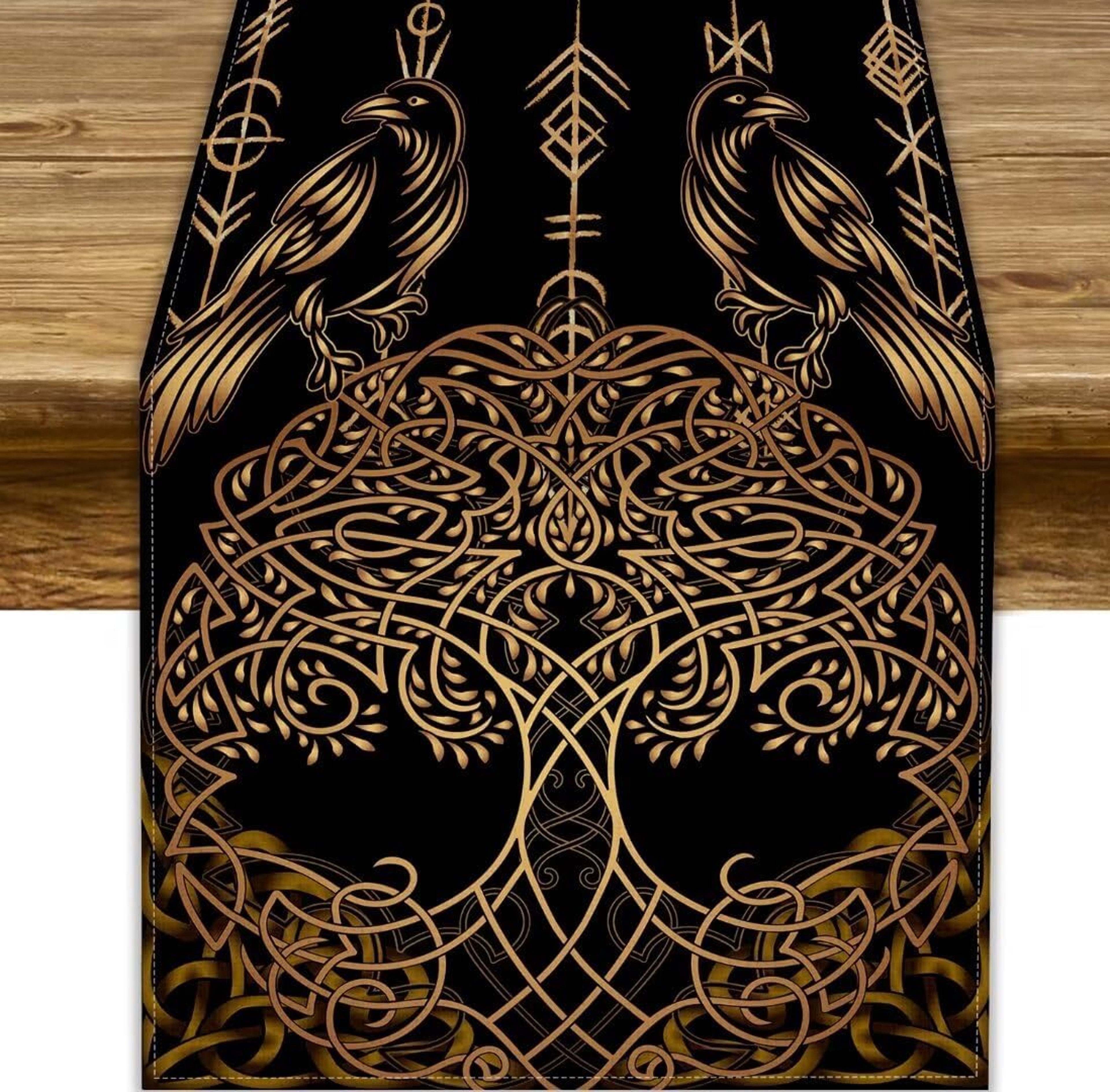 Golden Viking Linen Table Runner with Raven Tree Print for Holiday Decor – view 1