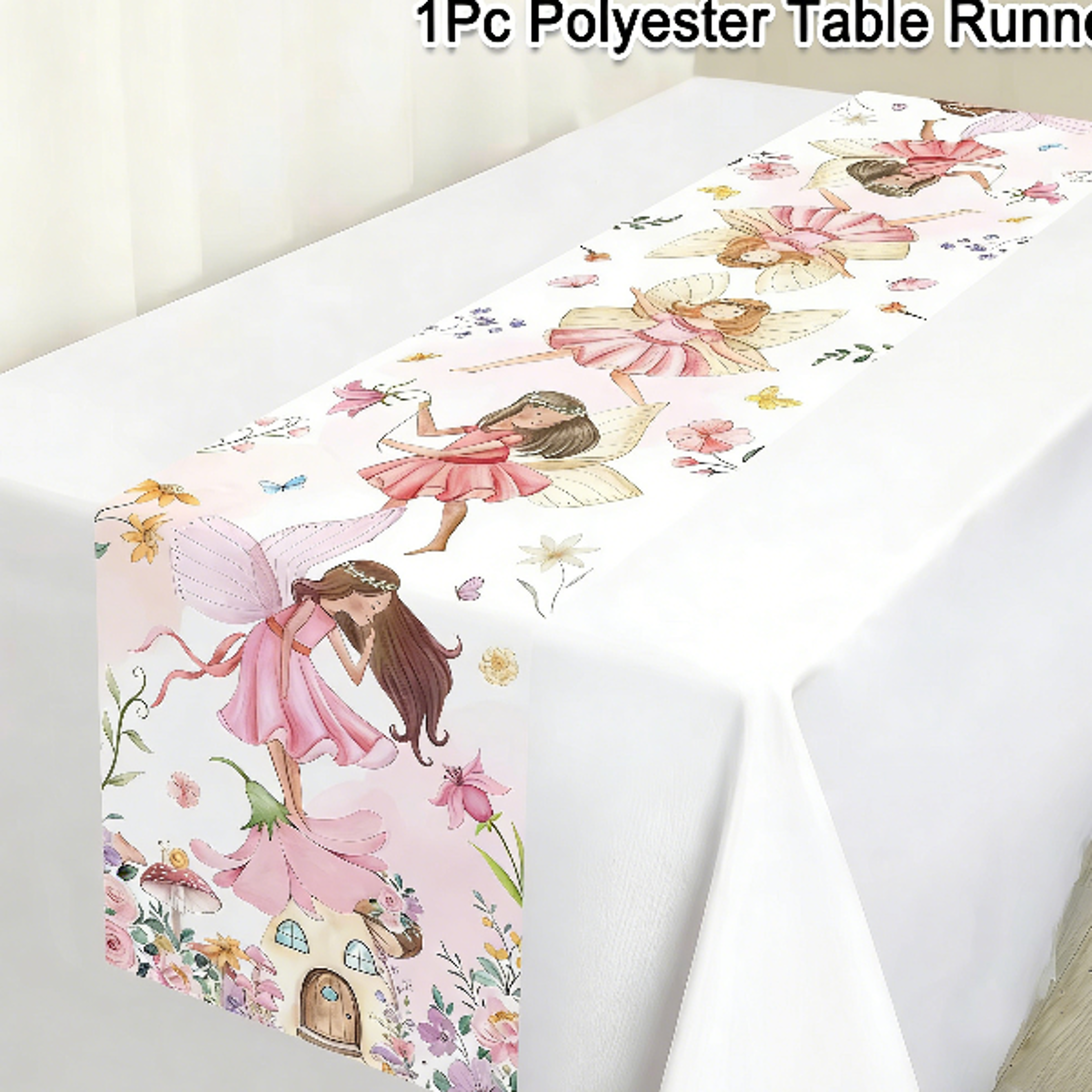 Watercolor Table Runner Polyester Floral Fairy Seashell Print Table Decoration for Dining Room Kitch