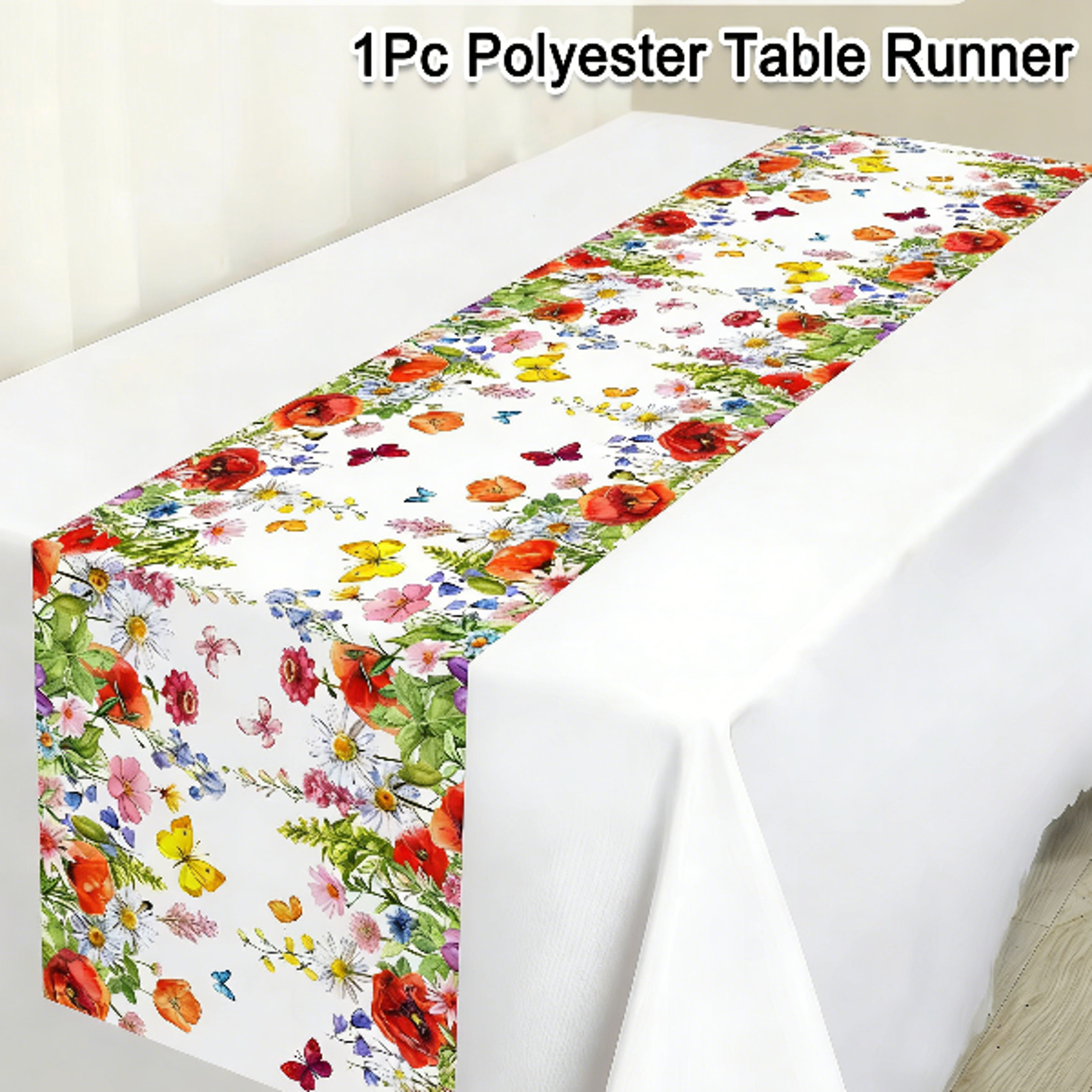 Watercolor Table Runner Polyester Floral Fairy Seashell Print Table Decoration for Dining Room Kitch