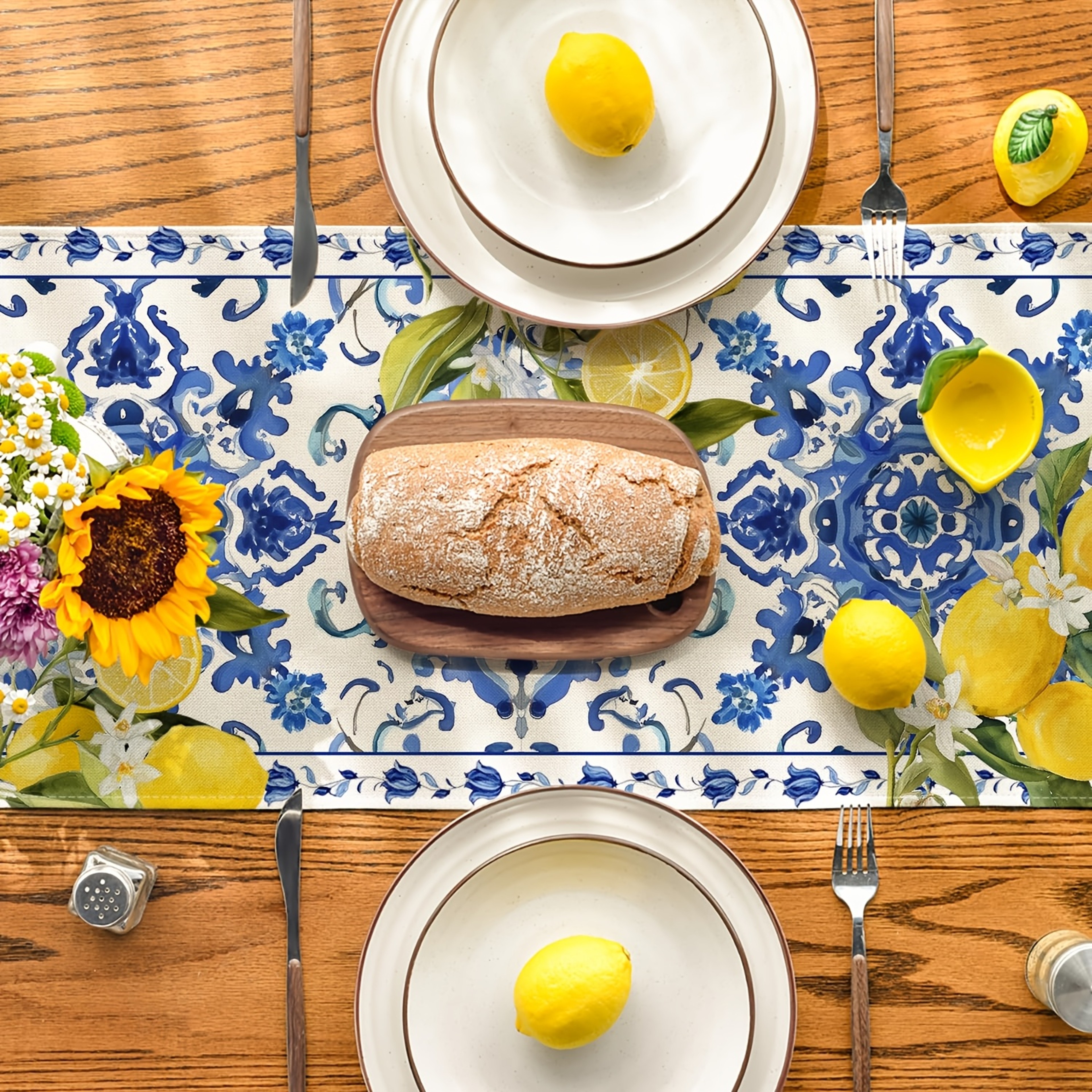 Mediterranean Lemon Blue Tile Linen Table Runner Summer Dining Decor 2