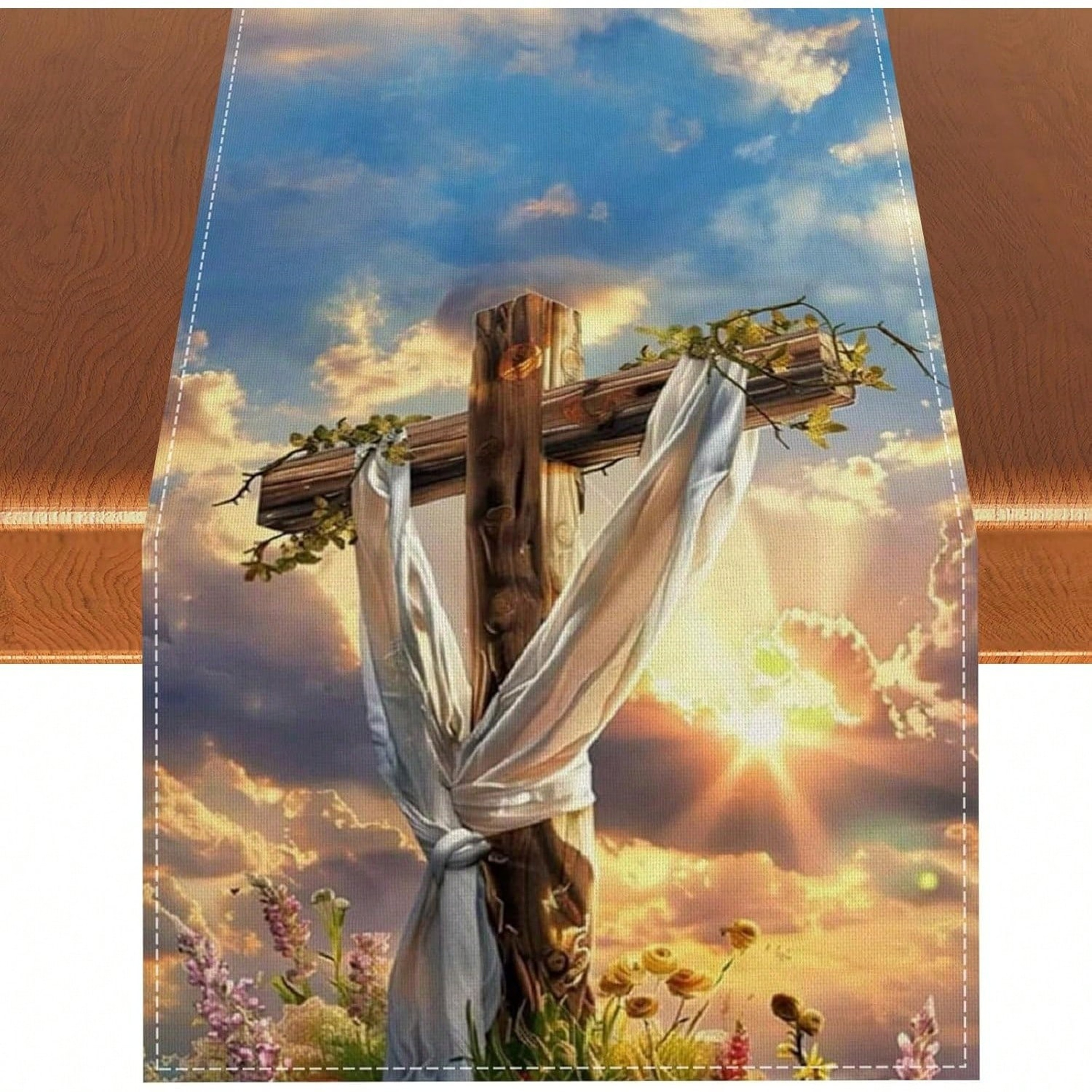 Elegant Easter Cross Linen Table Runner Holiday Dining  Religious Decor 0