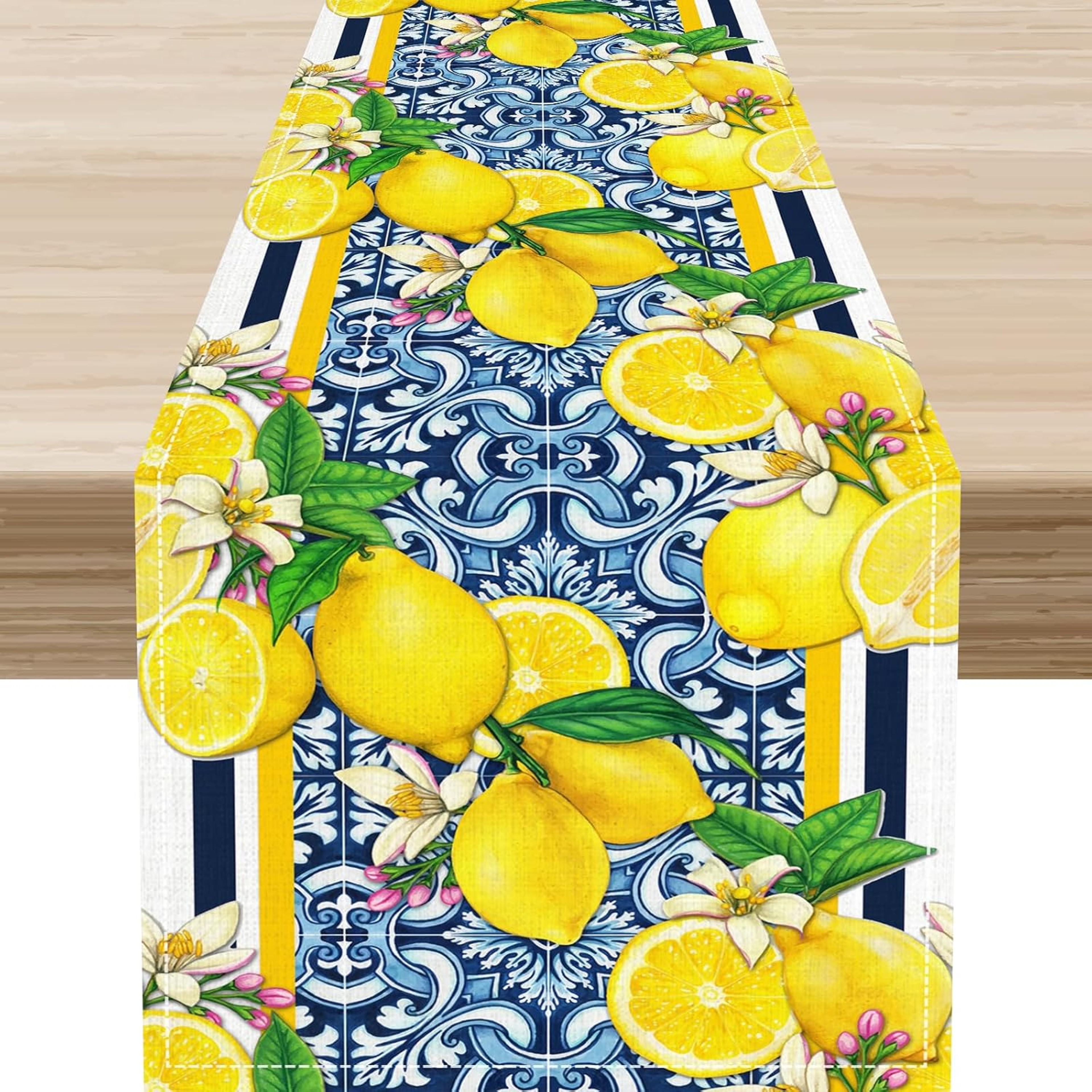 Blue Lemon Tiles Linen Table Runner Summer Fruit & Floral Dining Decor – view 4