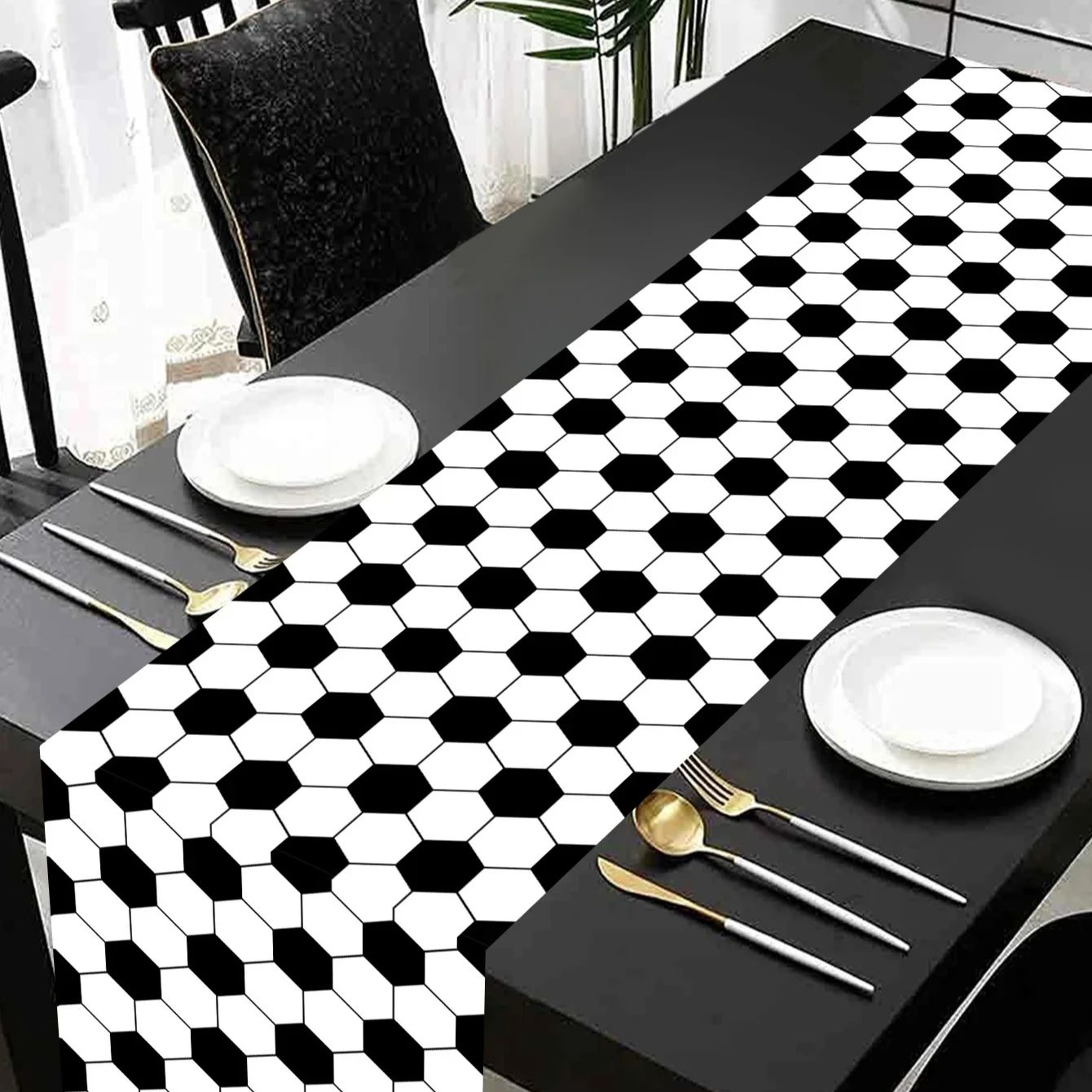 Premium Black  White Checkered Table Runner For Soccer Parties 0