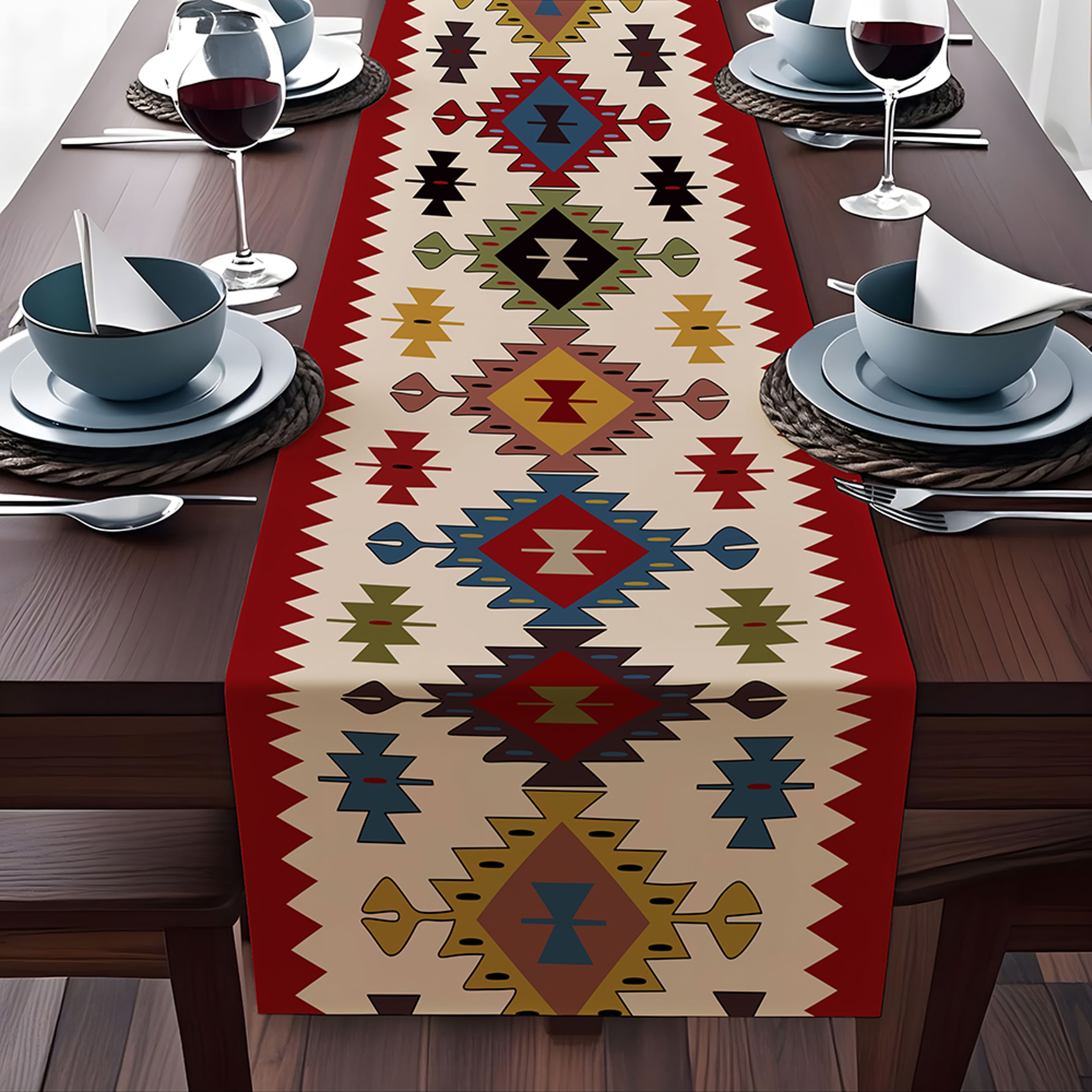 Bohemian Table Runner Bright Geometric Pattern Polyester Tablecloth For Kitchen  Holiday Decor 0