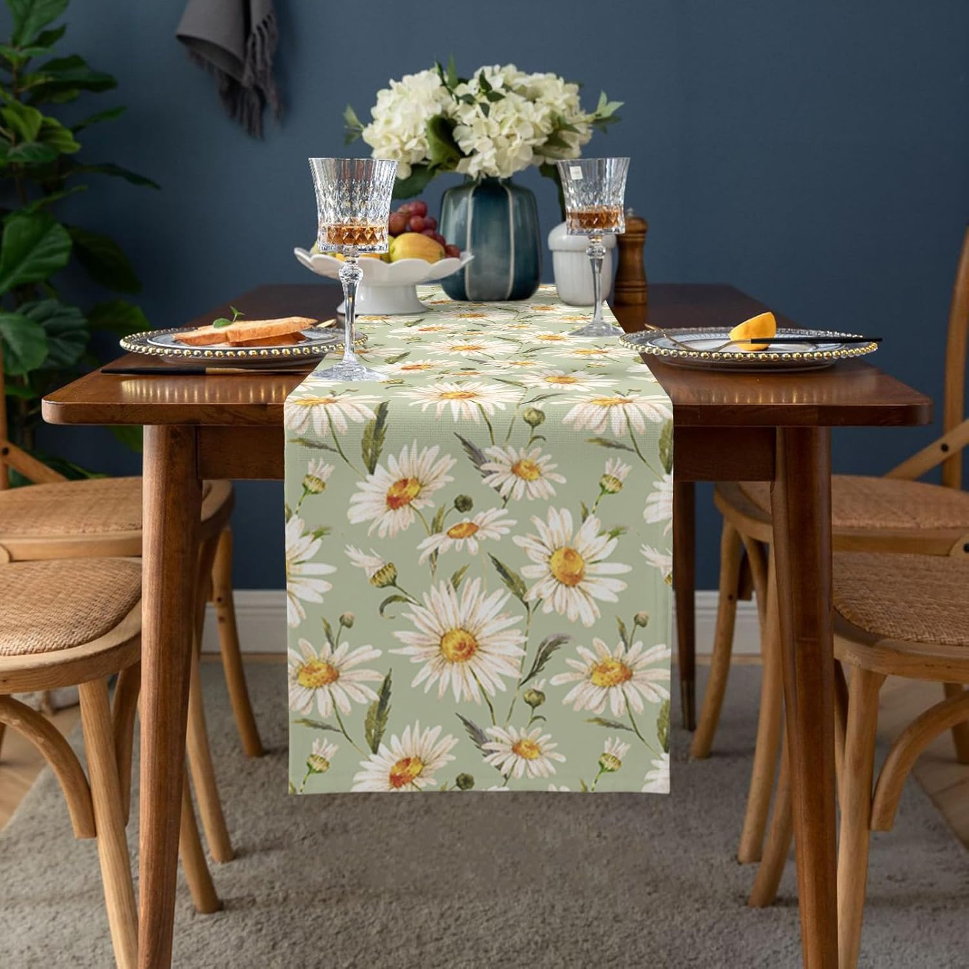 Spring Daisy Floral Linen Table Runner Holiday Table Decor  Farmhouse Dining Decor 1