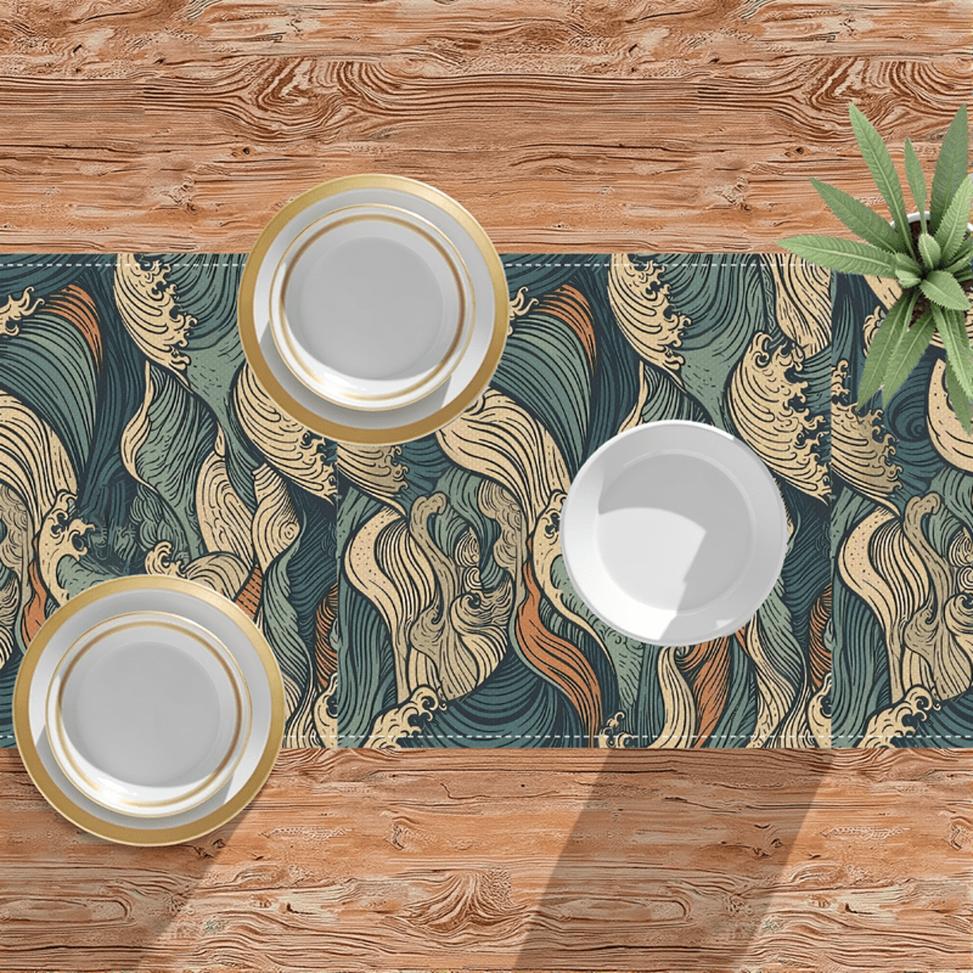 Hokusai Wave Table Runner For Dining Nautical Table Decor Easy Clean Holiday Linen 4