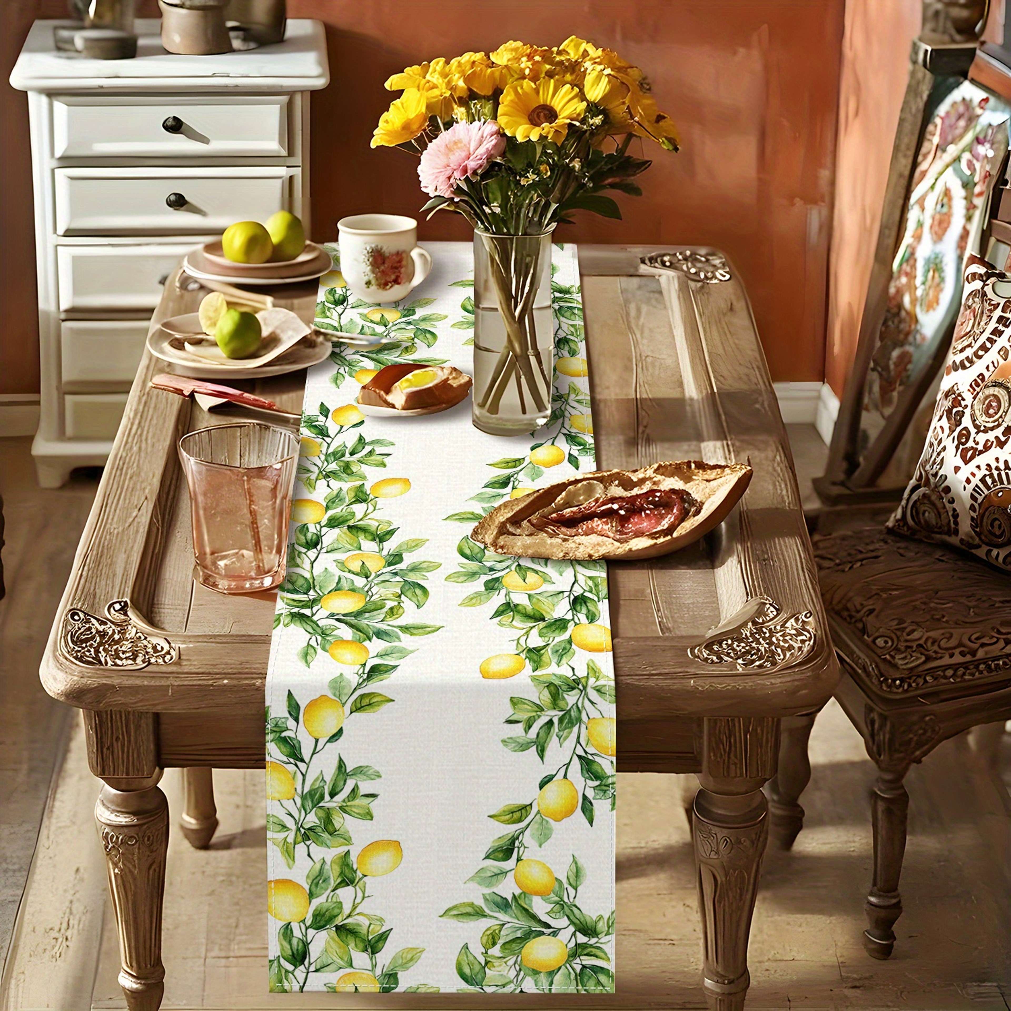 Lemon & Green Leaf Watercolor Linen Table Runner Holiday & Kitchen Dining Decor – view 2