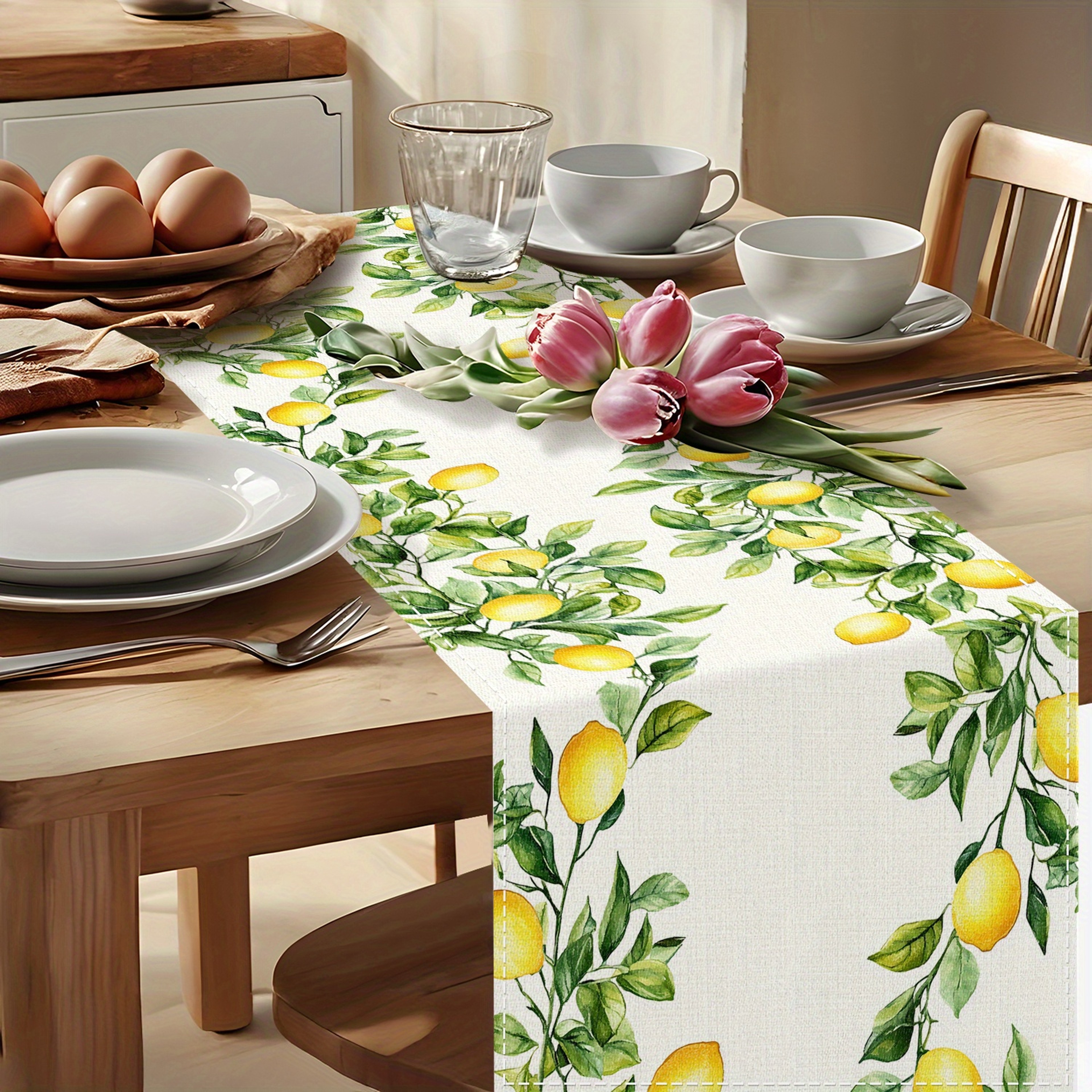 Lemon & Green Leaf Watercolor Linen Table Runner Holiday & Kitchen Dining Decor – view 3