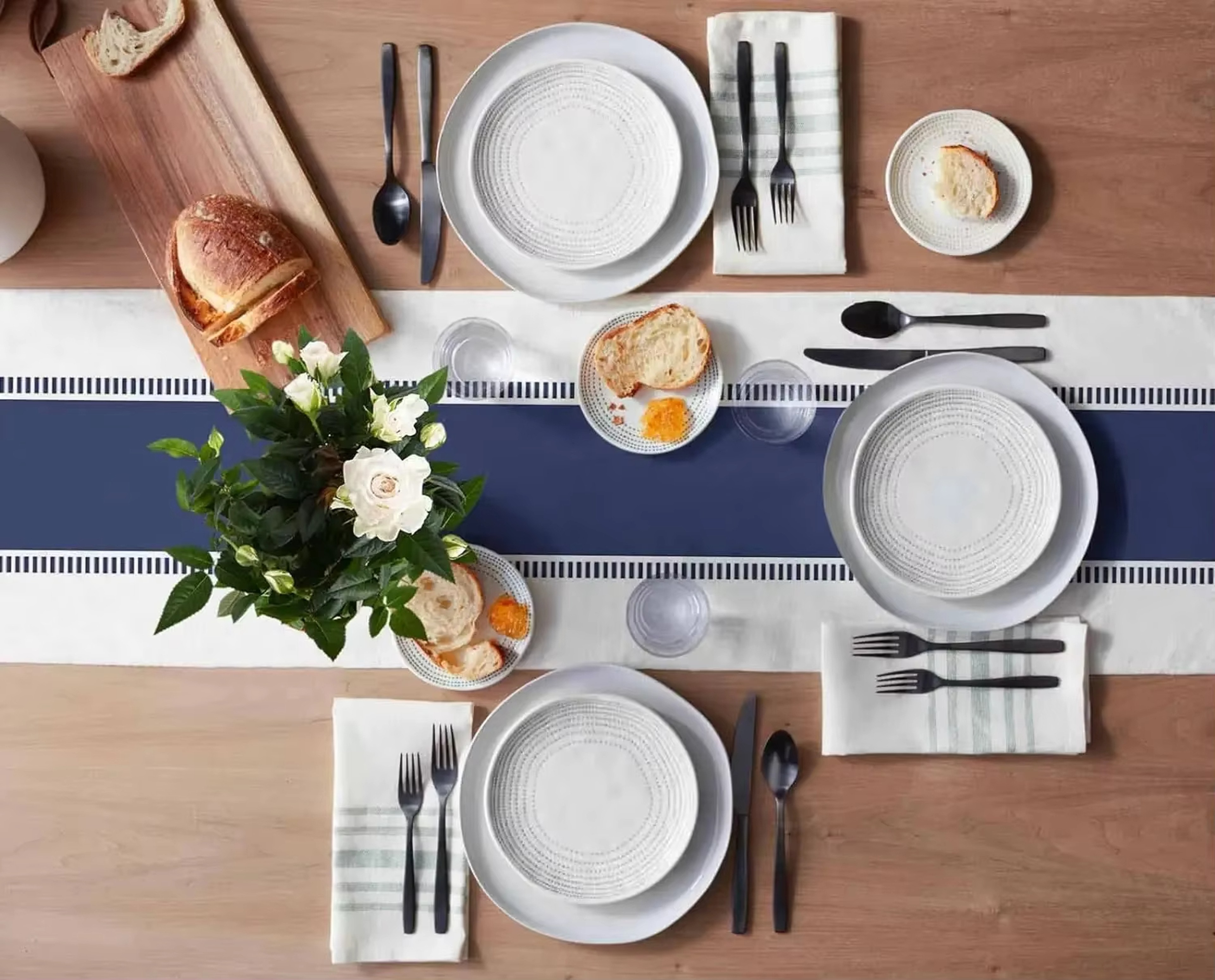 Navy Blue Striped Linen Table Runner Farmhouse Dining Table Decor 2
