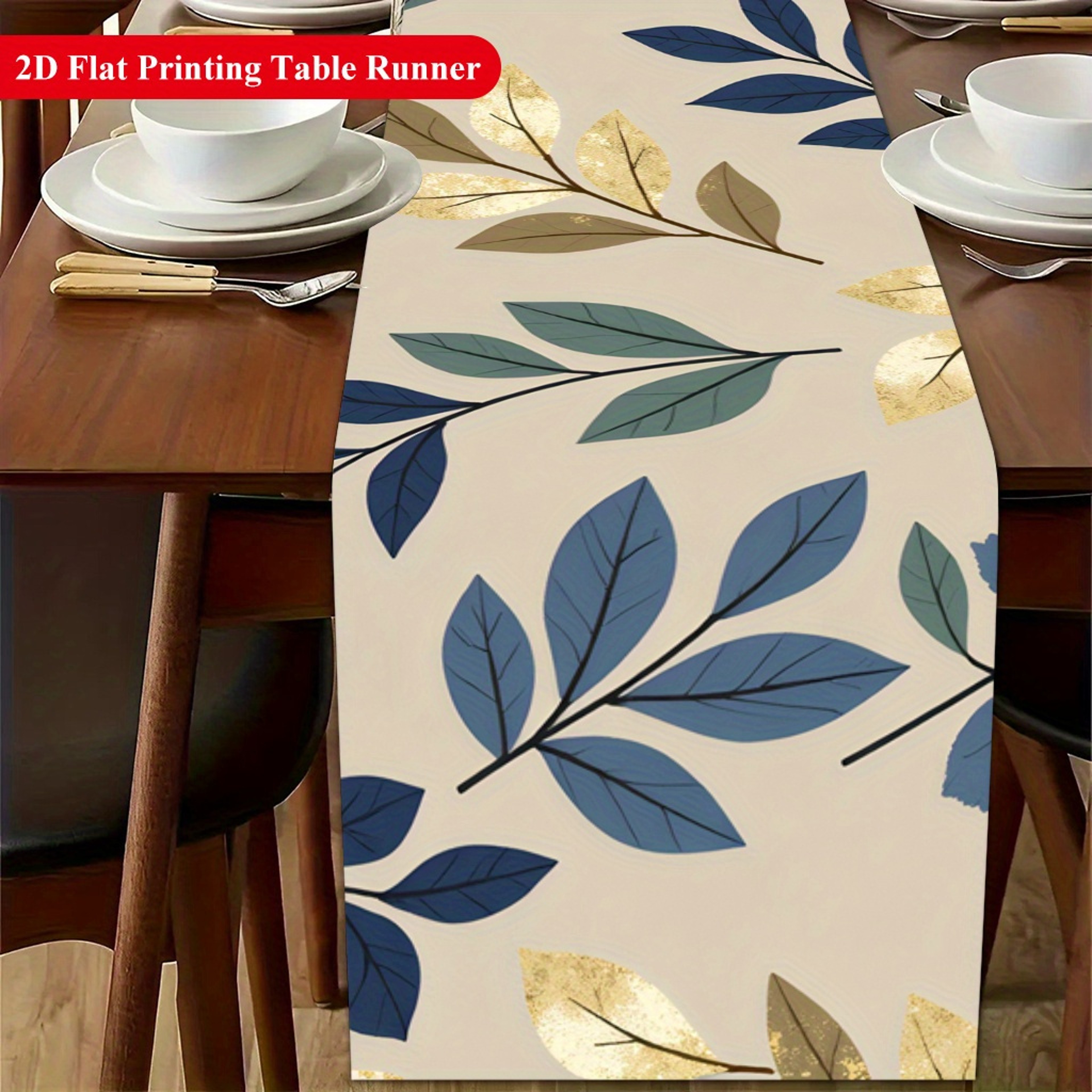 Elegant Gold  Blue Leaf Decorative Dining Table Runner Premium Polyester For Wedding  Home 4