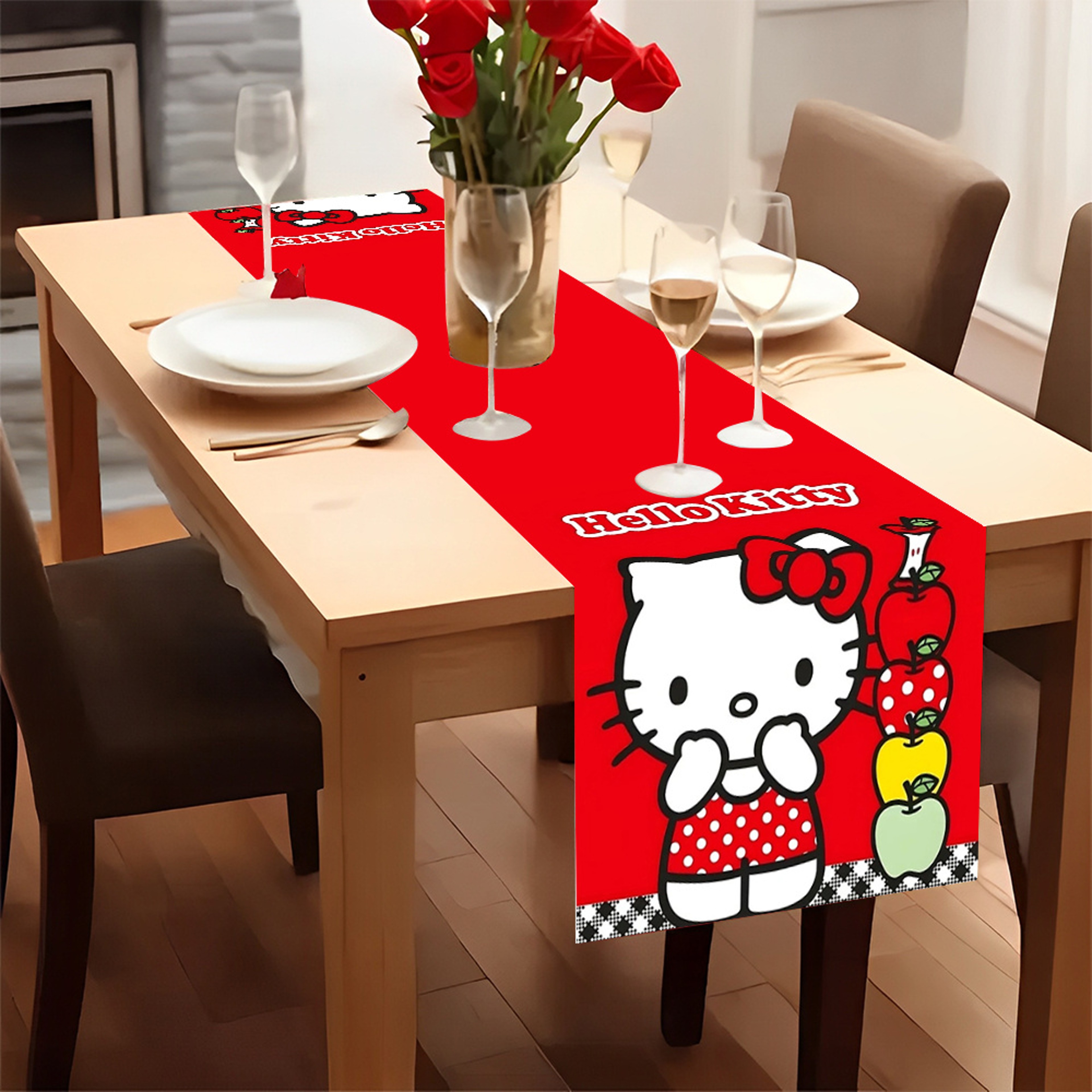 Kawaii Hello Kitty Table Runner Red Festive Party  Holiday Table Decor 3