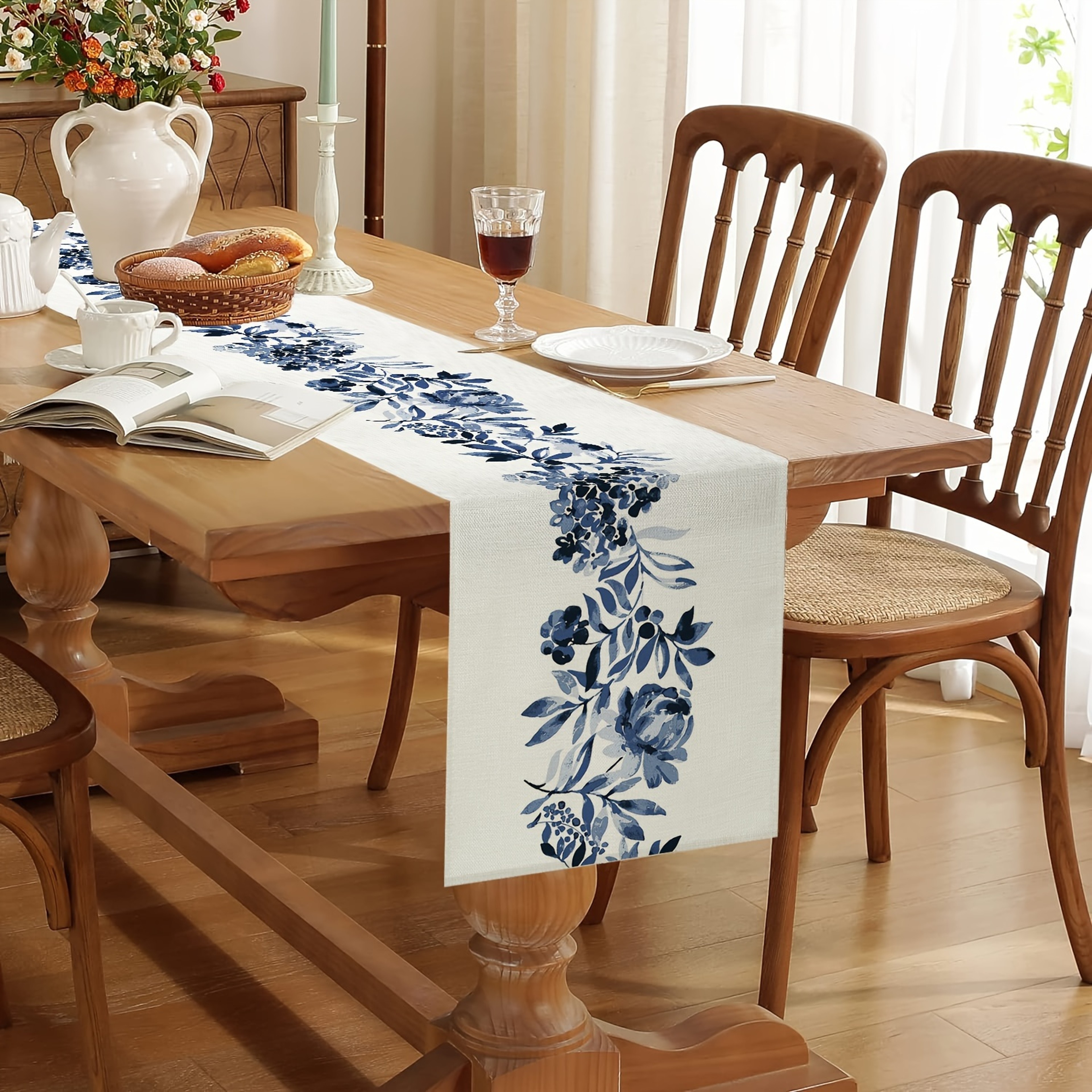Boho Blue Floral Linen Table Runner Decor For Kitchen Dining  Wedding Table 2