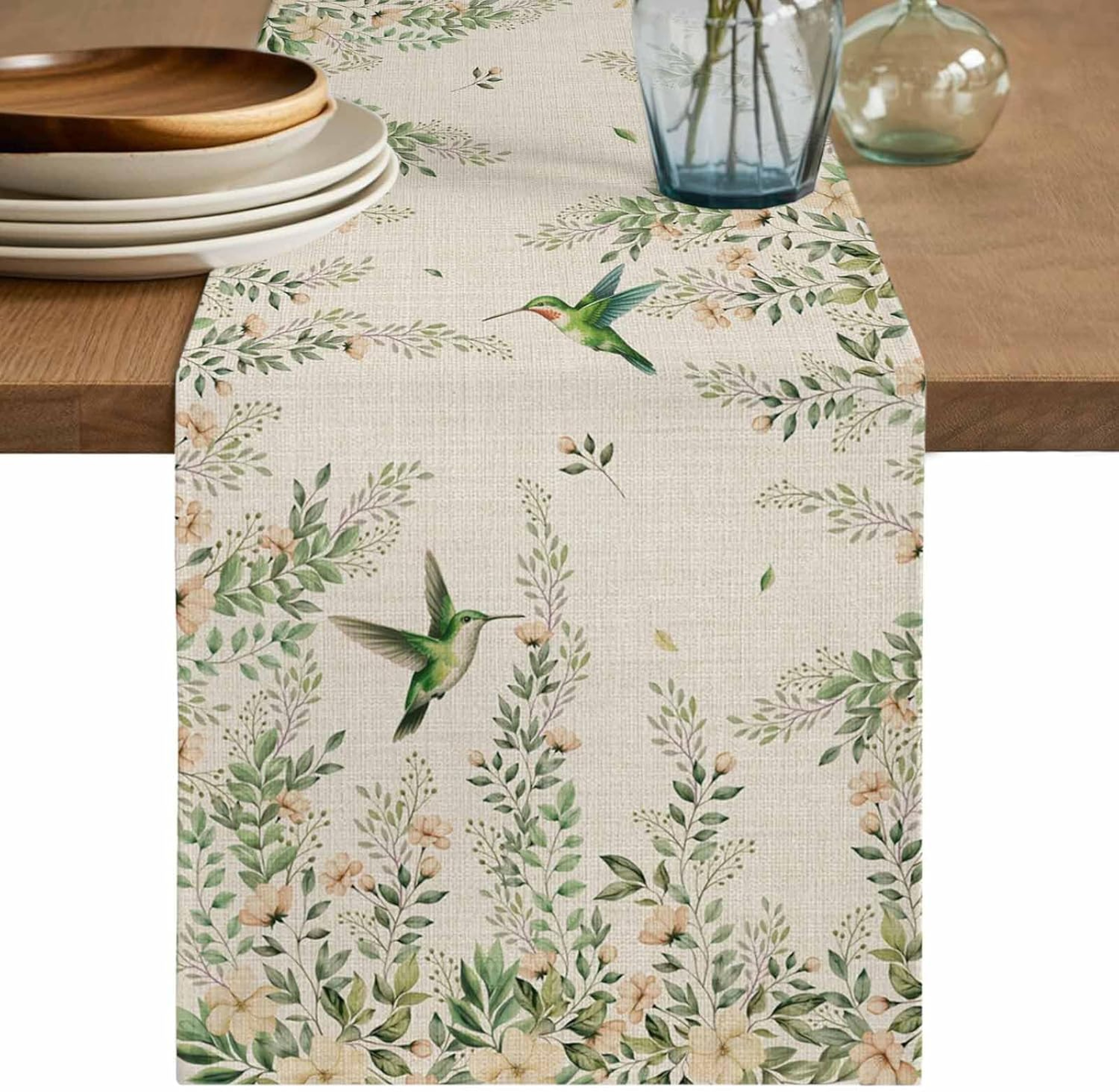 Elegant Floral Hummingbird Table Runner Linen Table Runner for Dining & Wedding Decor – view 1