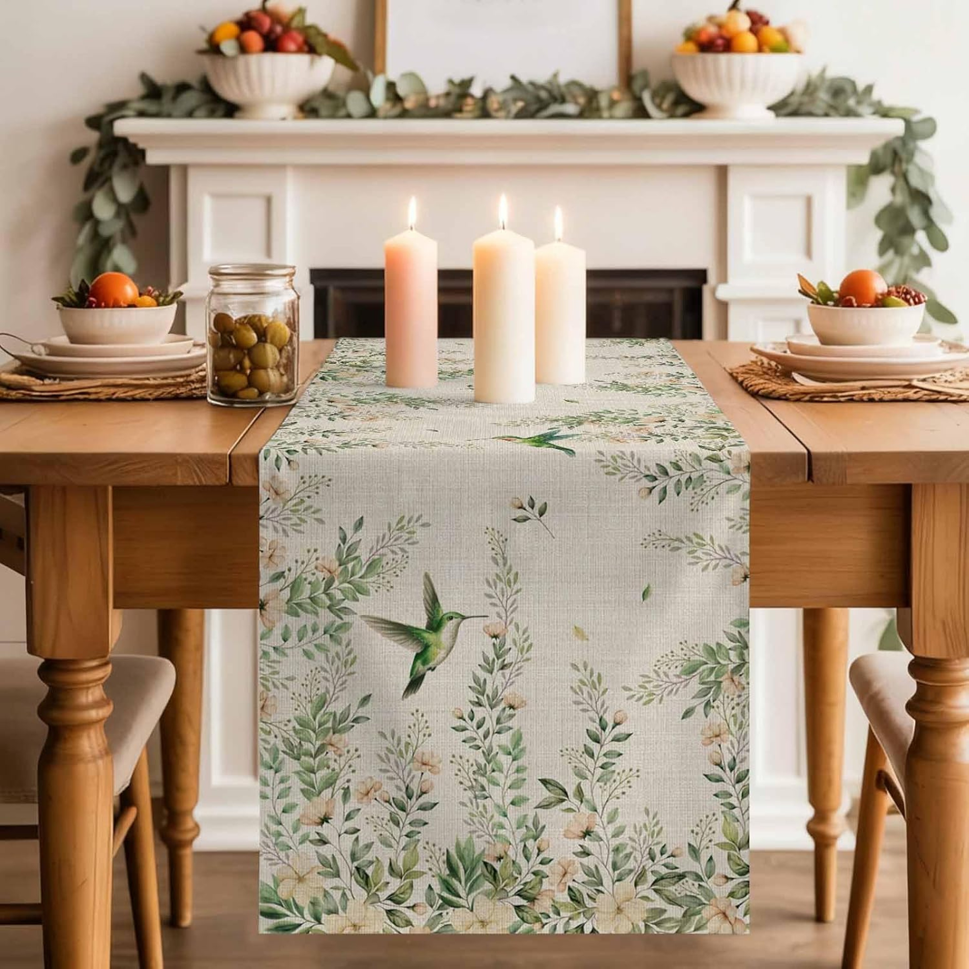 Elegant Floral Hummingbird Table Runner Linen Table Runner for Dining & Wedding Decor – view 2