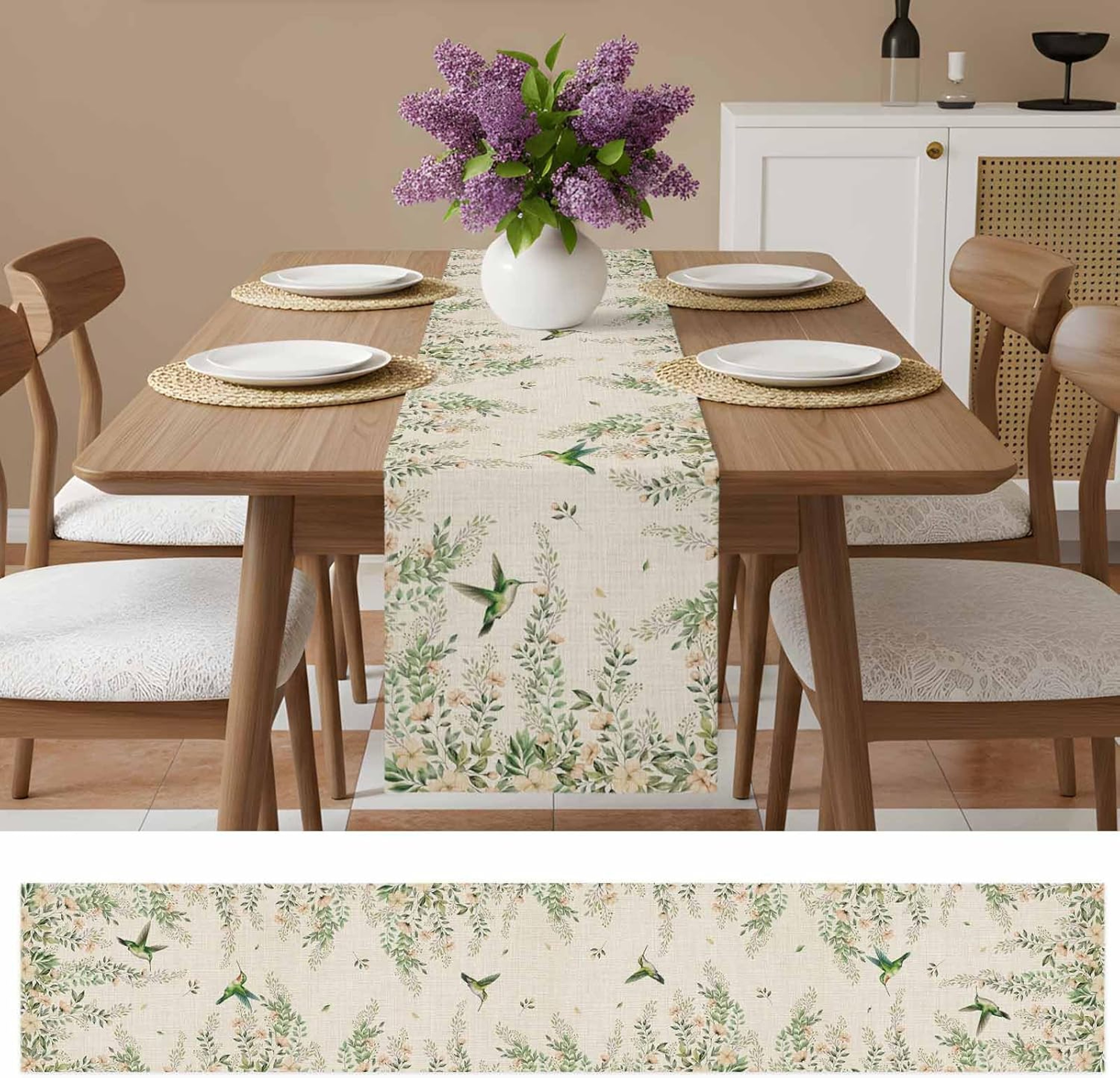 Elegant Floral Hummingbird Table Runner Linen Table Runner for Dining & Wedding Decor – view 3