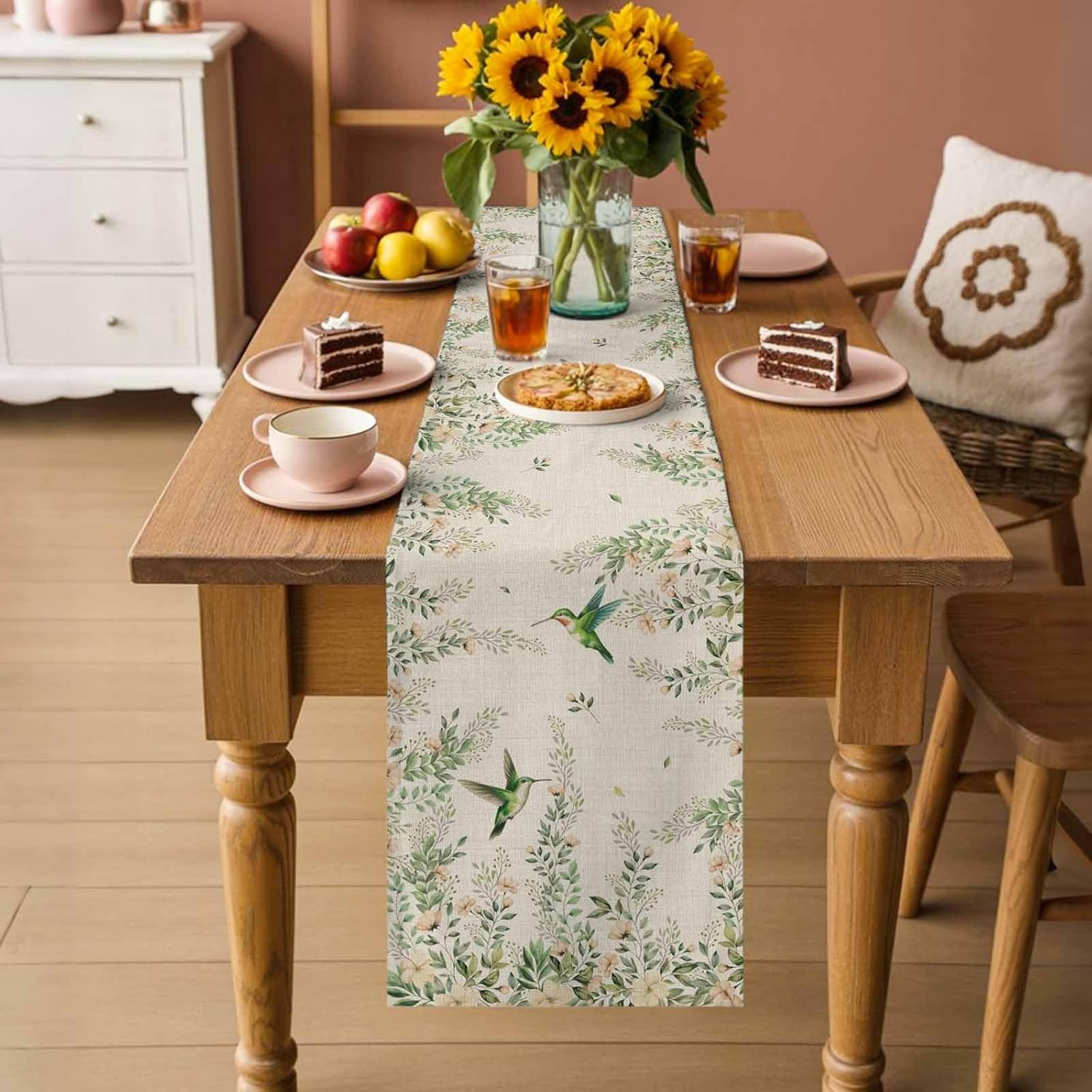 Elegant Floral Hummingbird Table Runner Linen Table Runner for Dining & Wedding Decor – view 6