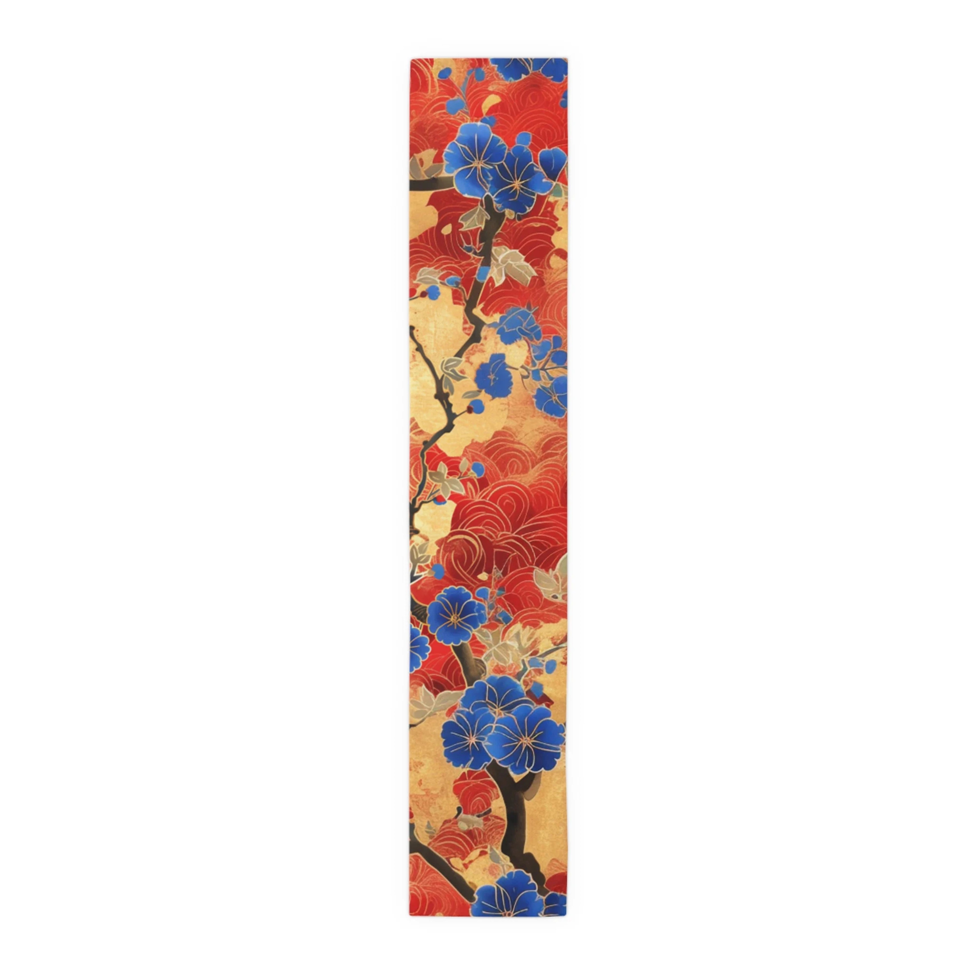 Elegant Linen Table Runner With Cherry Blossom Art Red  Gold Decorative Dining Table Runner 2