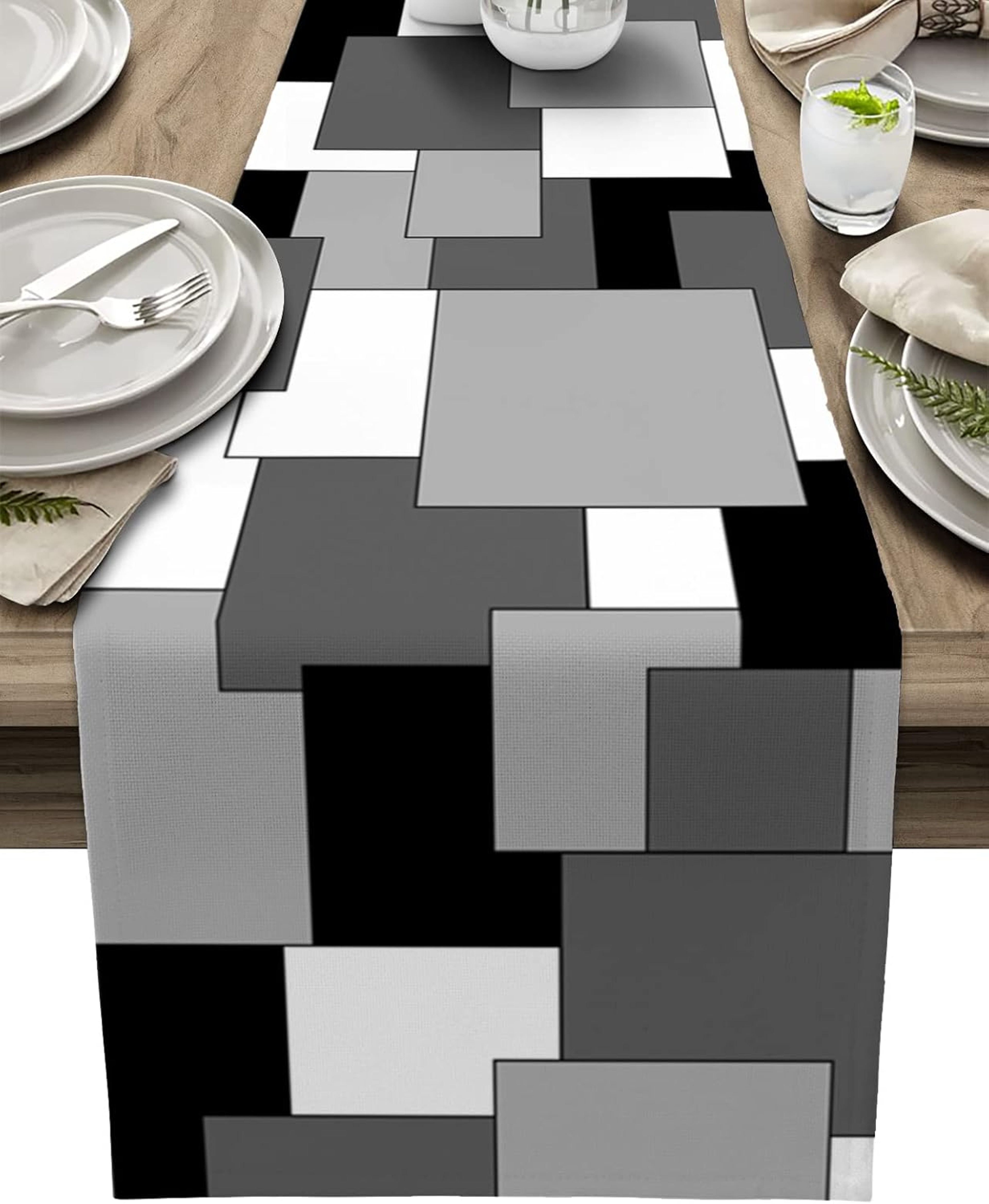 Modern Linen Table Runner Abstract Geometric Color Block Dining  Kitchen Decor 1