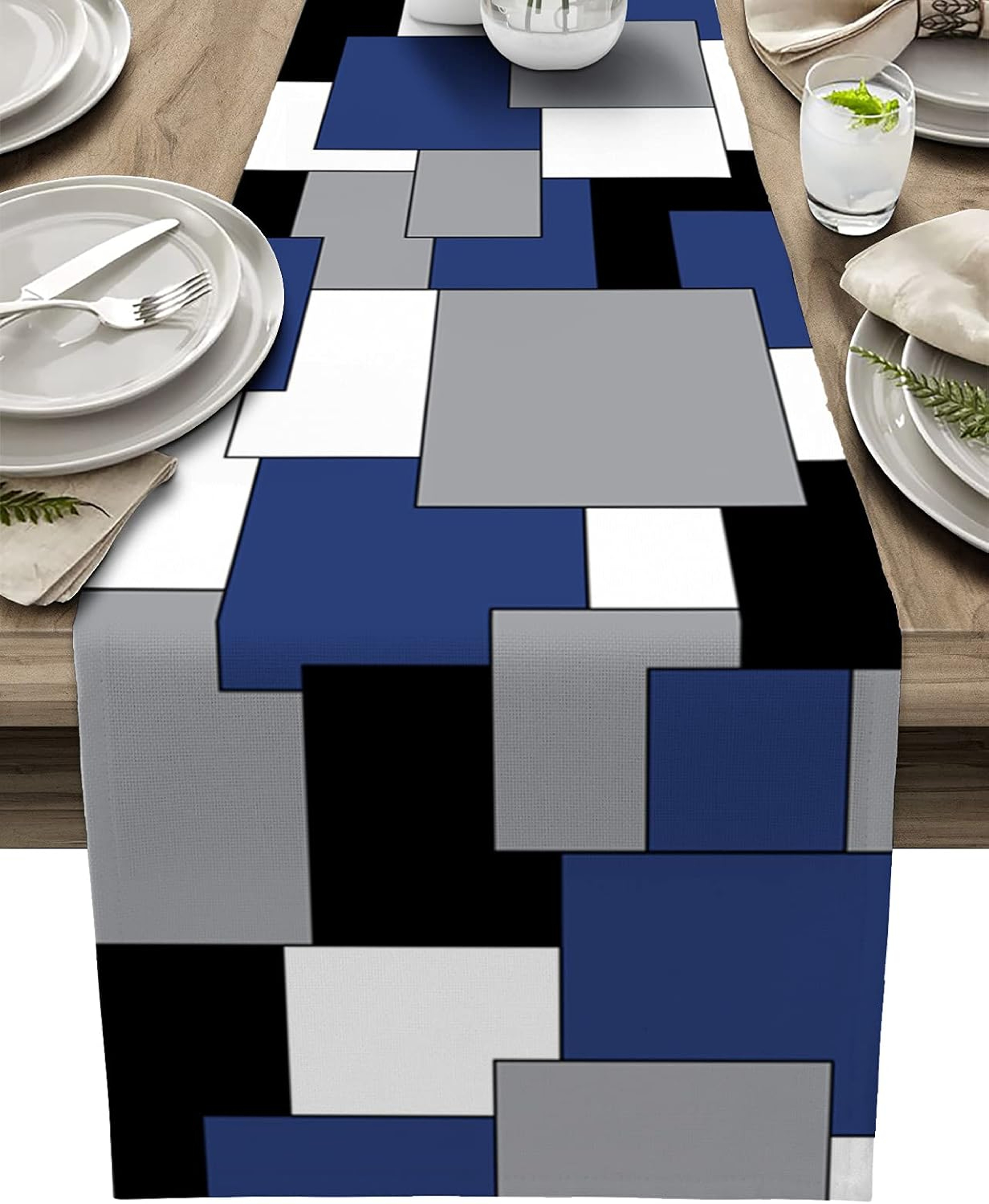 Modern Linen Table Runner Abstract Geometric Color Block Dining  Kitchen Decor 6
