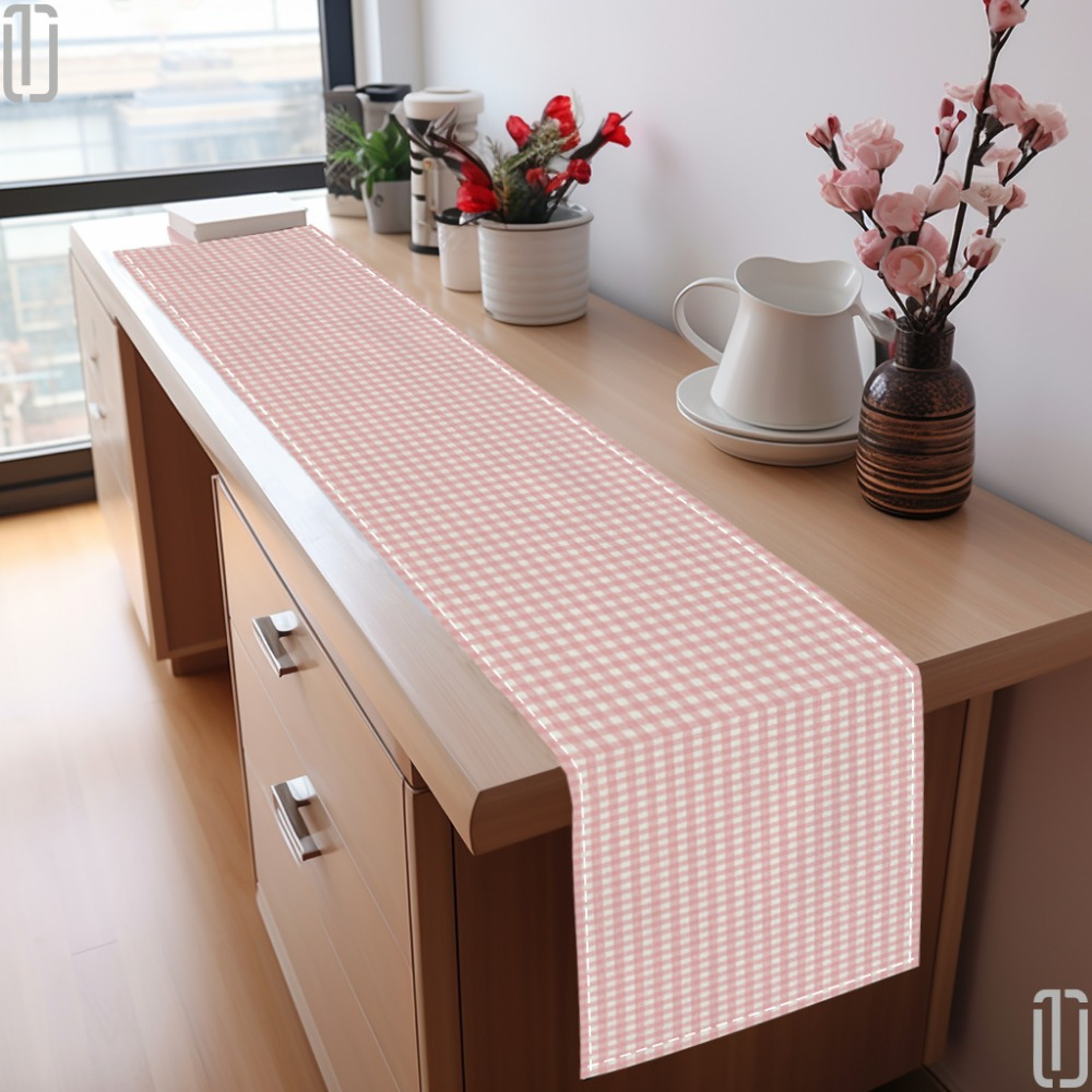 Pink  White Gingham Table Runner For Dining Holiday  Kitchen Table Decor 4
